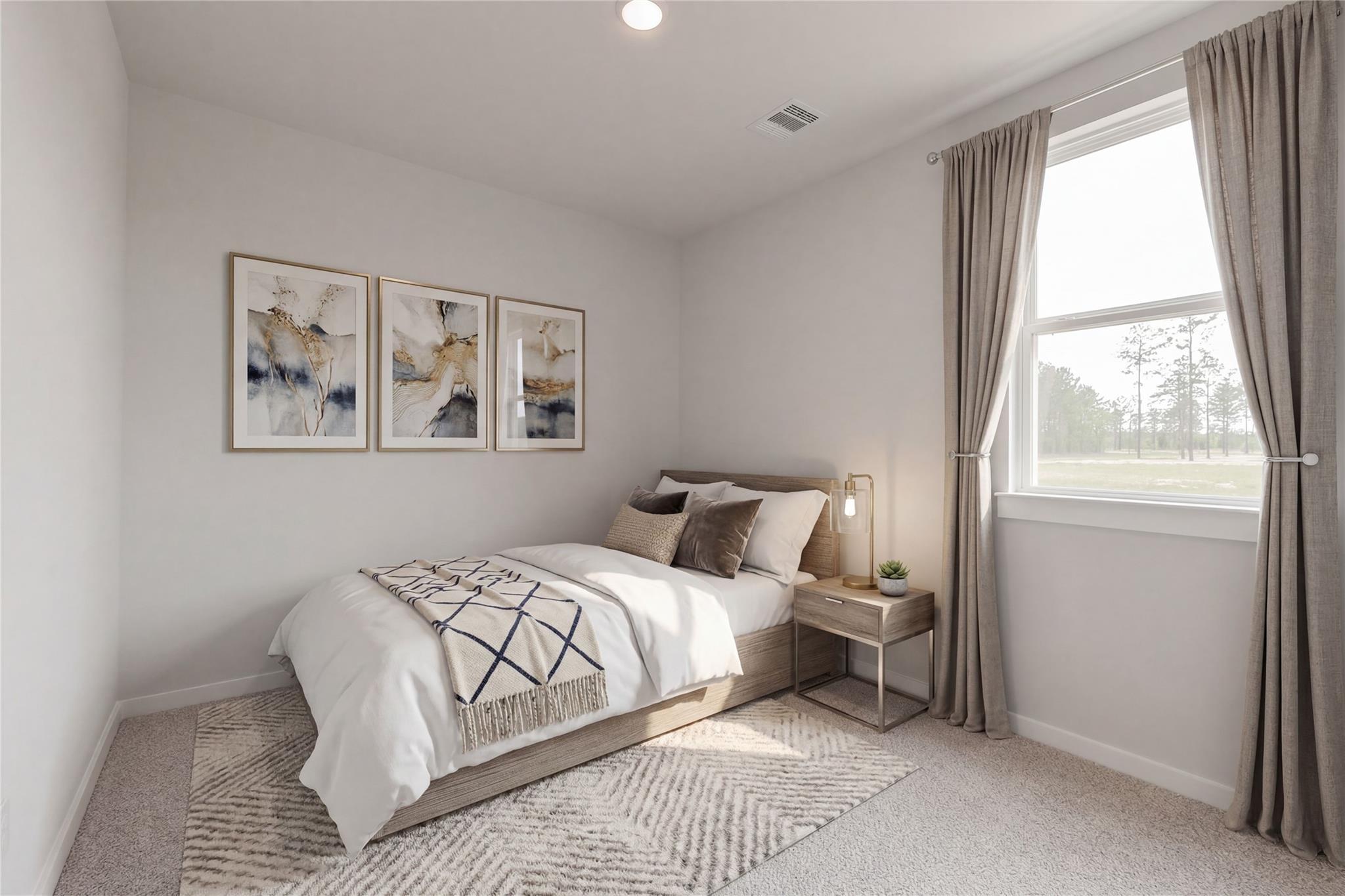 Cozy secondary bedroom with queen bed, beige throw, brass lamp, abstract art, and wooded window view in Davidson Homes The Colorado G, Conroe, Texas