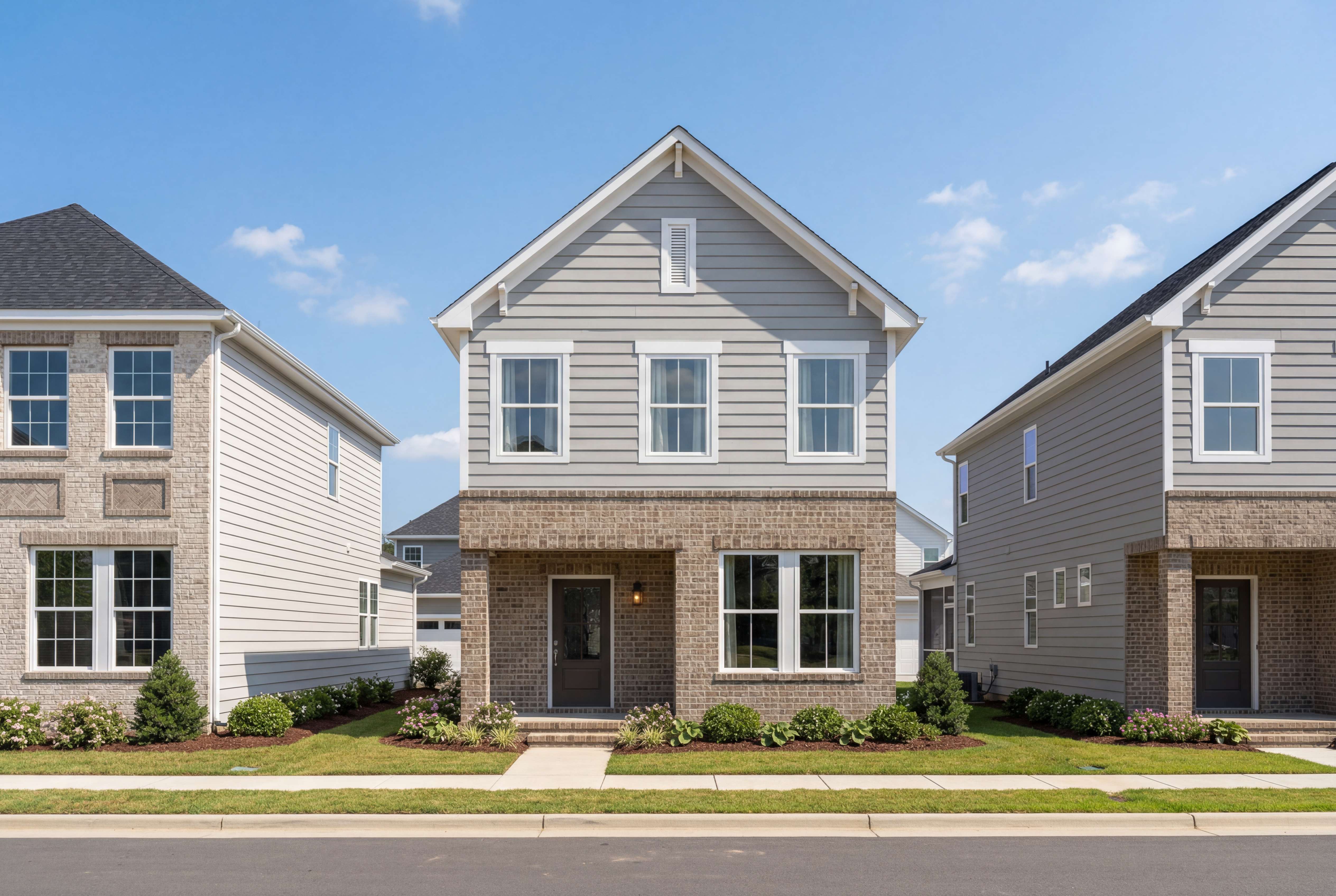 Modern 2-story Alexander home elevation with gray siding, brick base, covered porch and manicured lawn in Knightdale, NC