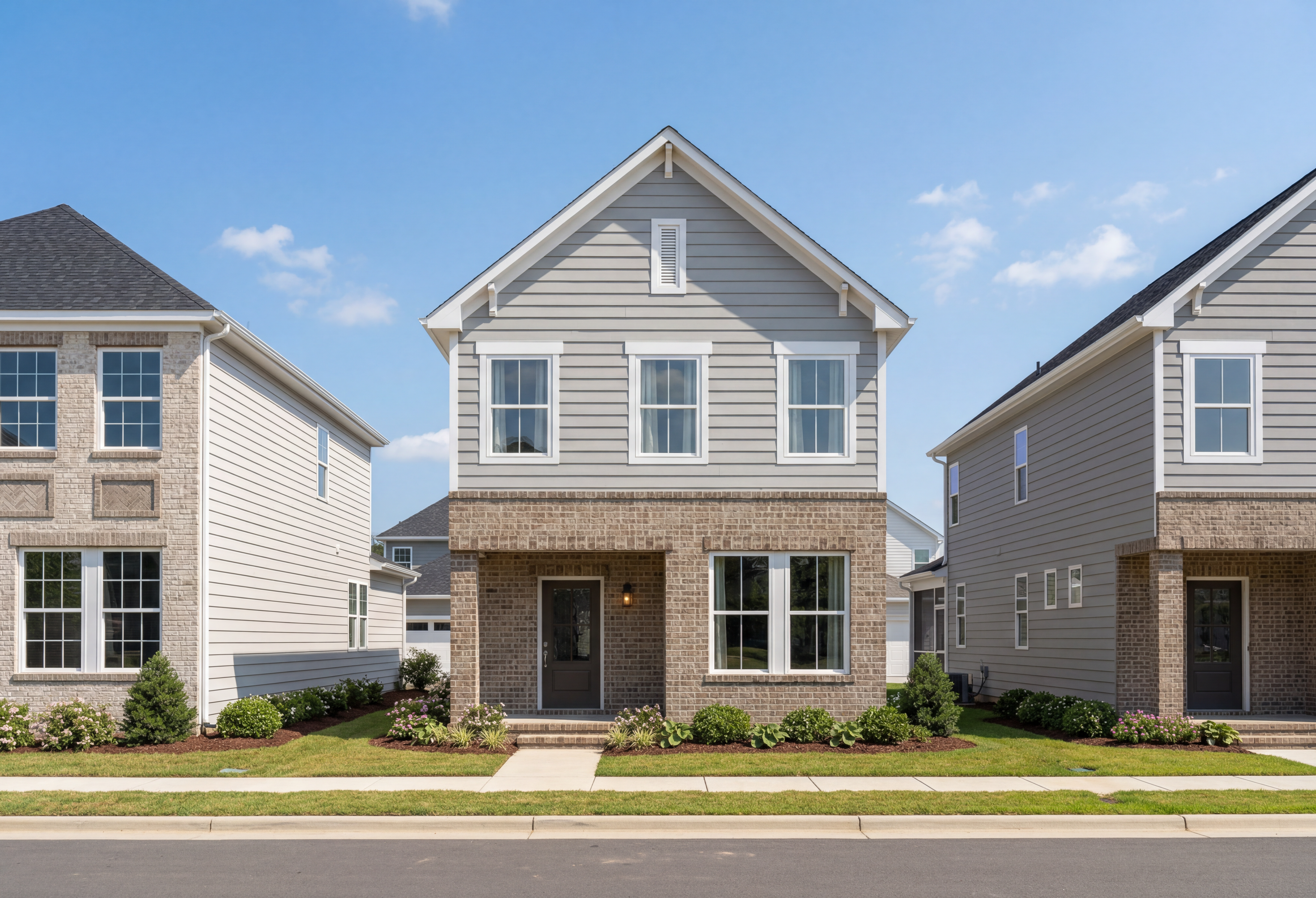 Modern 2-story Alexander home elevation with gray siding, brick base, covered porch and manicured lawn in Knightdale, NC
