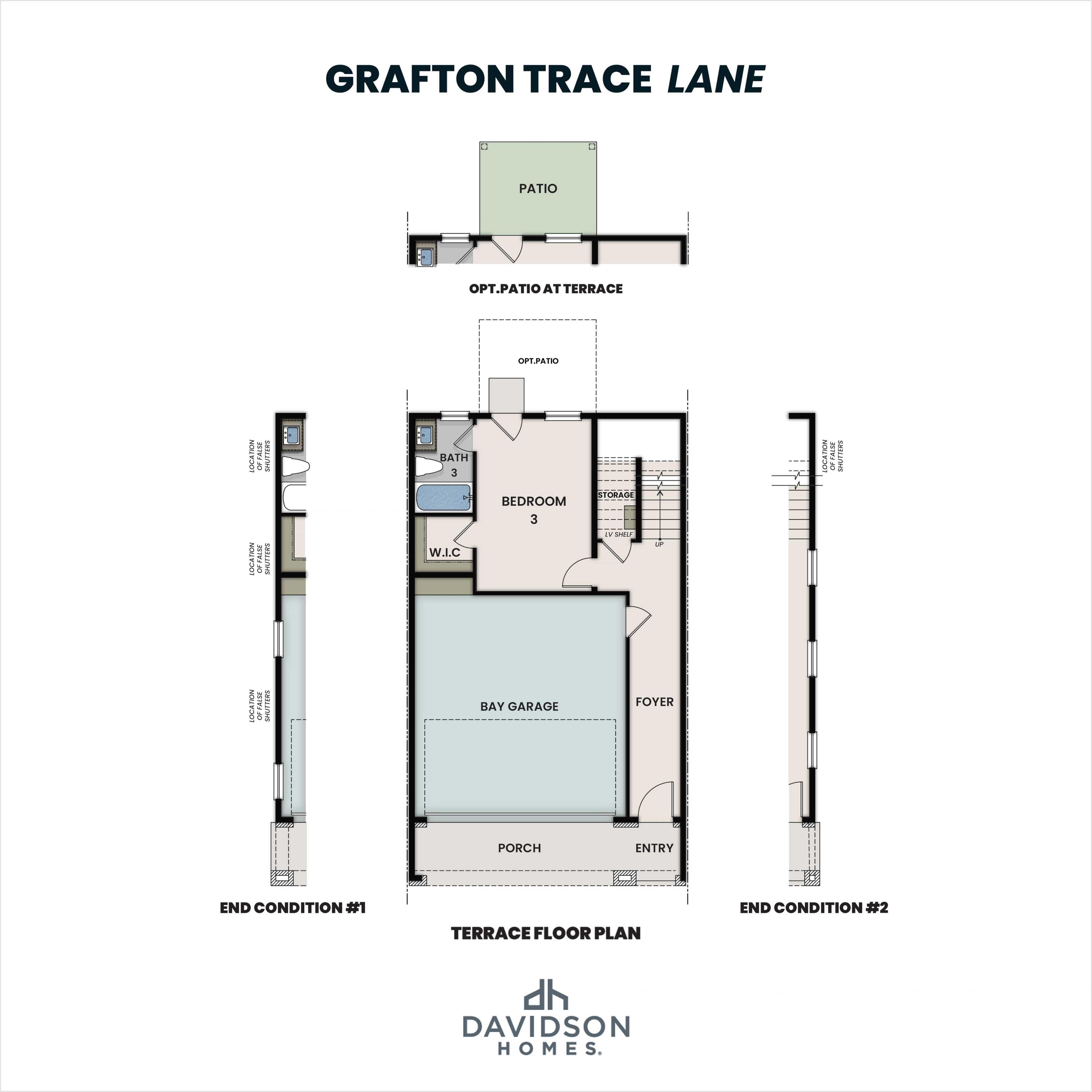 Terrace floor plan of Grafton Trace Lane 3-bedroom multi-family home featuring 2-car garage, bedroom 3, baths, and patio options
