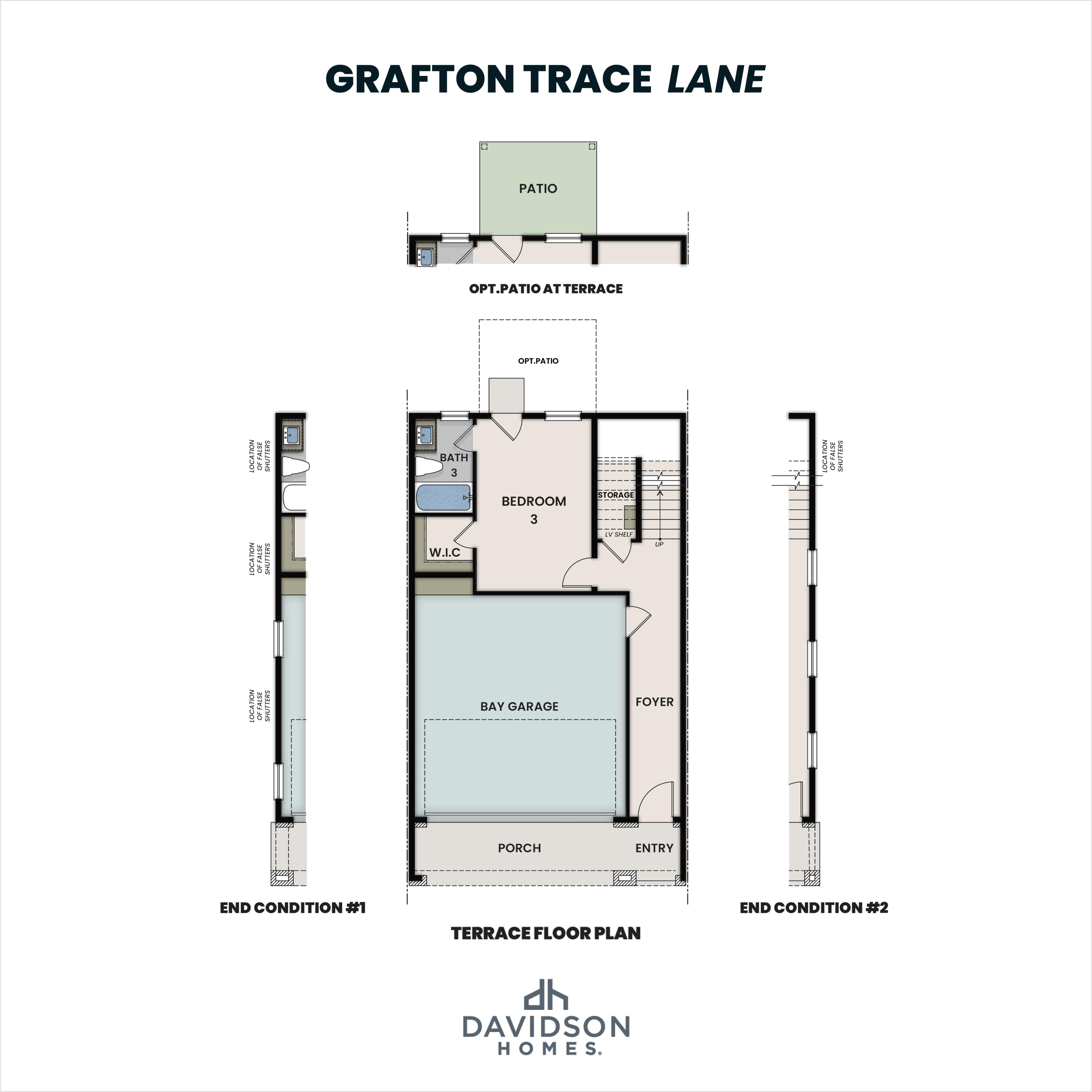 Grafton Trace Lane terrace floor plan featuring 2-car garage, bedroom 3 suite, bath, optional patio, and end conditions by Davidson Homes