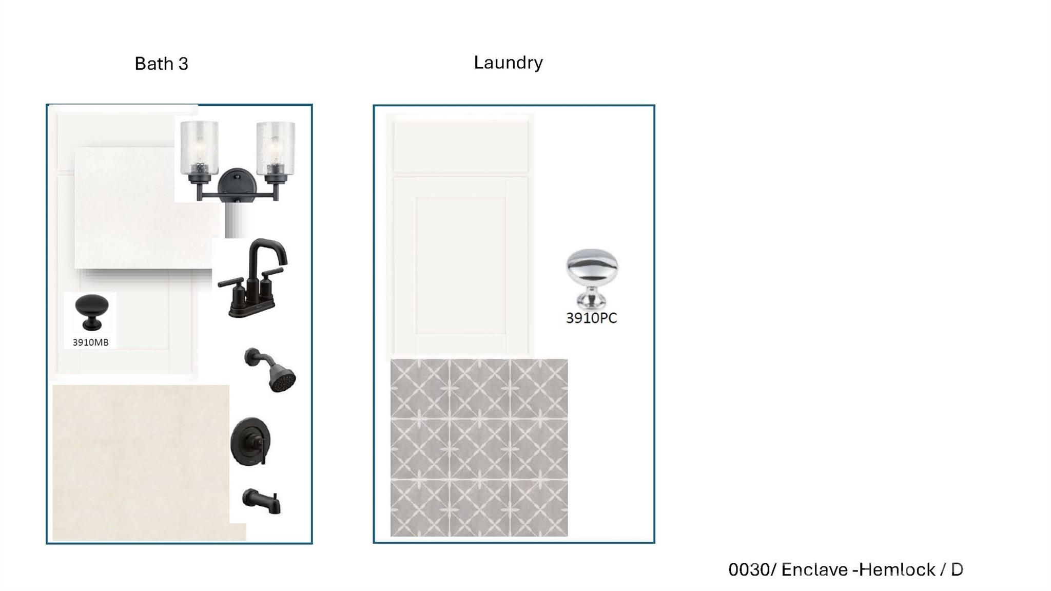 Design board for Bath 3 and laundry room finishes in The Hemlock D floor plan at Enclave at Belmont, North Carolina.
