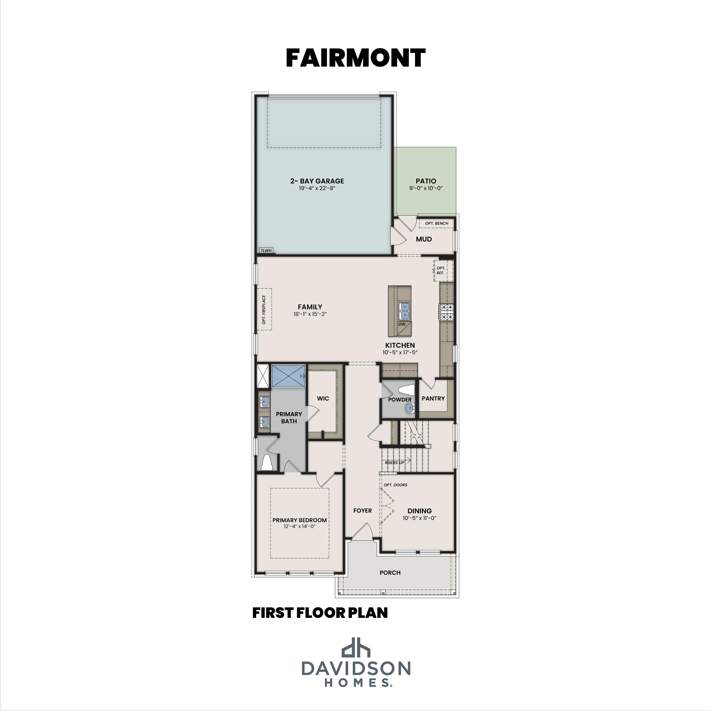 First floor layout of The Fairmont by Davidson Homes featuring a main-level primary suite, open kitchen, and 2-car garage.