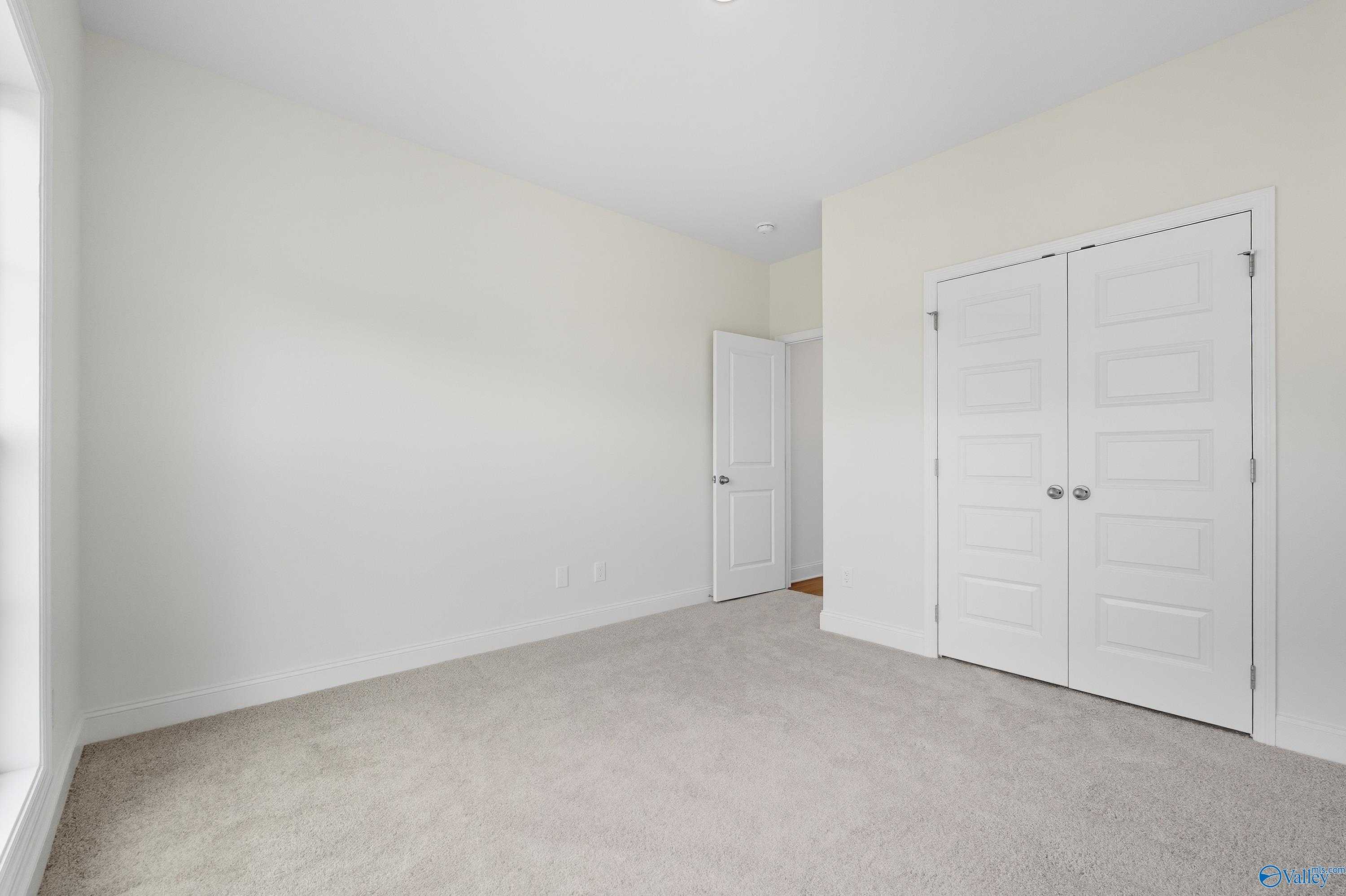 Bright bedroom with beige walls, neutral carpet, walk-in closet, and adjacent bath door in Davidson Homes The Everett, Meridianville