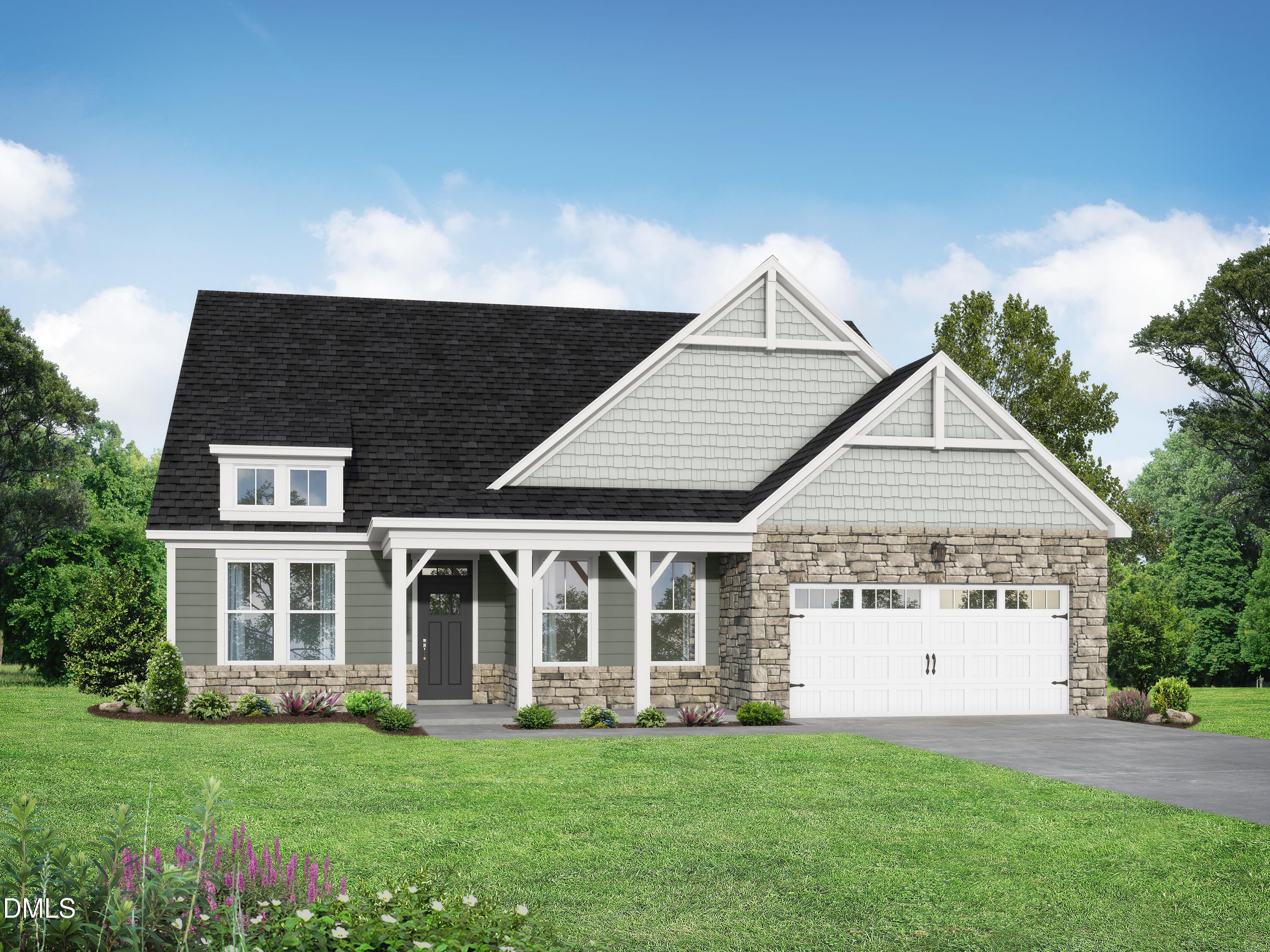 Charming 1.5-story 4-bedroom home with gray siding, black roof, stone accents, covered porch, and 3-car garage in Tobacco Road, Angier, NC - The Magnolia D by Davidson Homes