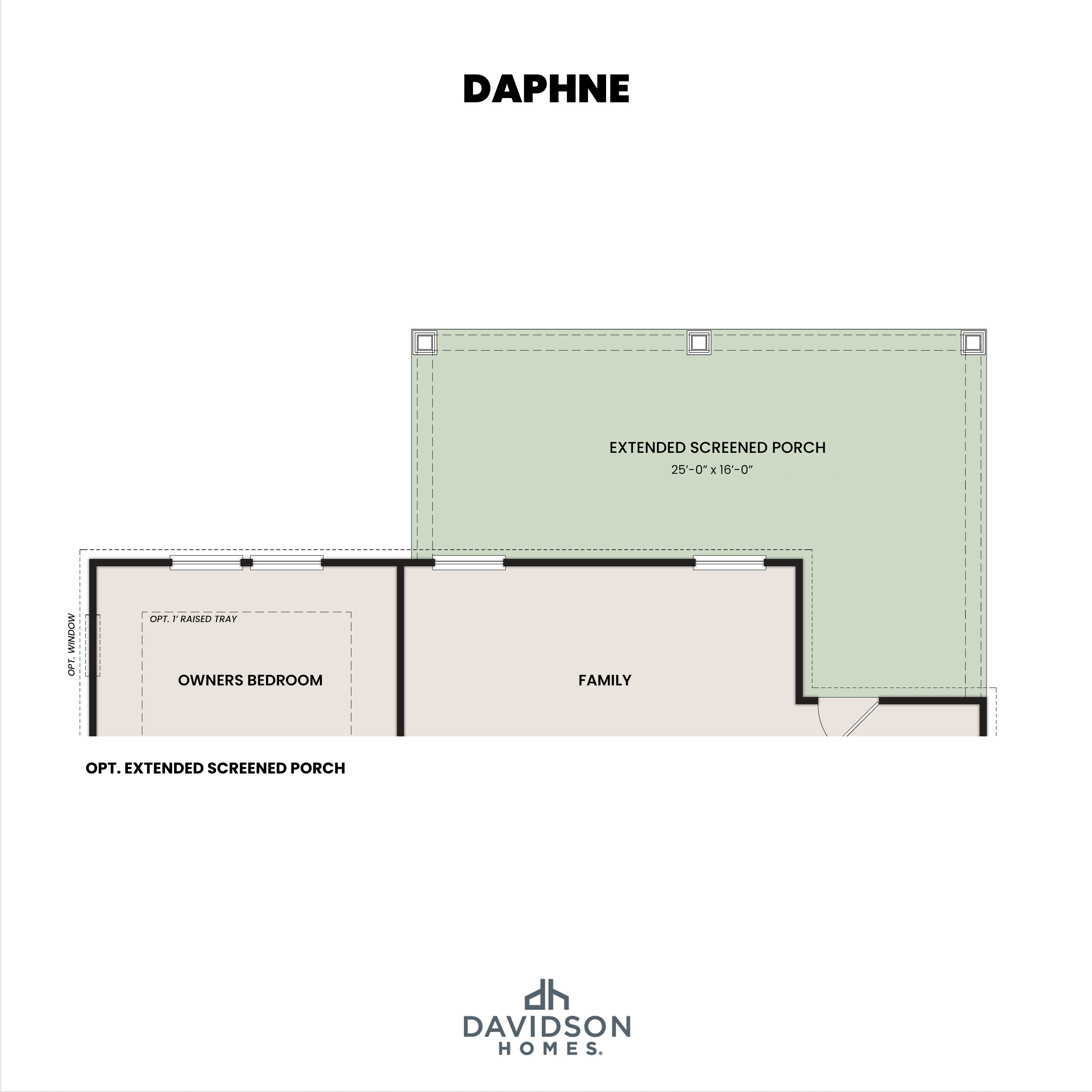 Optional extended screened porch floor plan of The Daphne by Davidson Homes showing owners bedroom and family room in Wendell, NC
