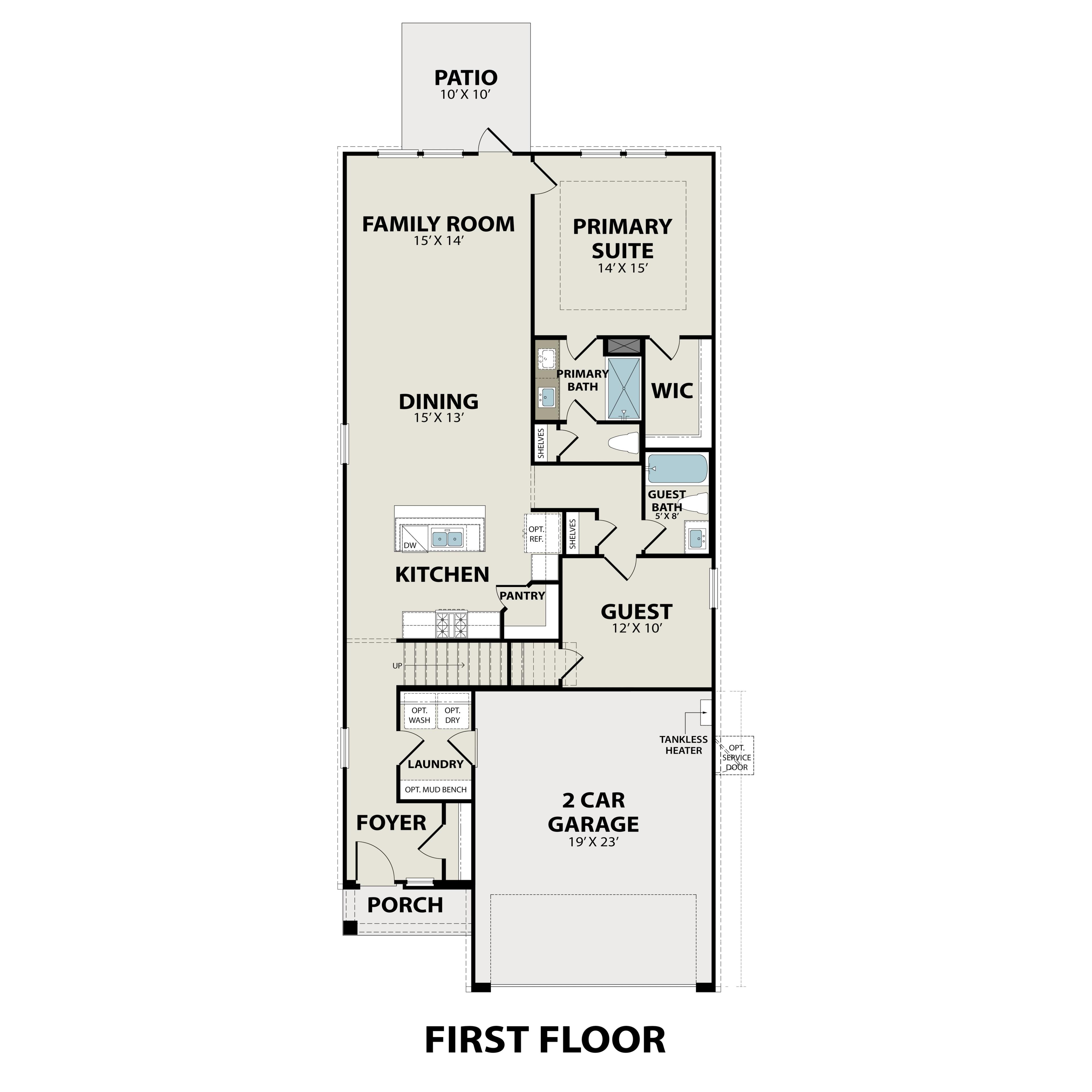 First floor plan of The Sabine E showcasing master suite, family room, kitchen, dining, and 2-car garage