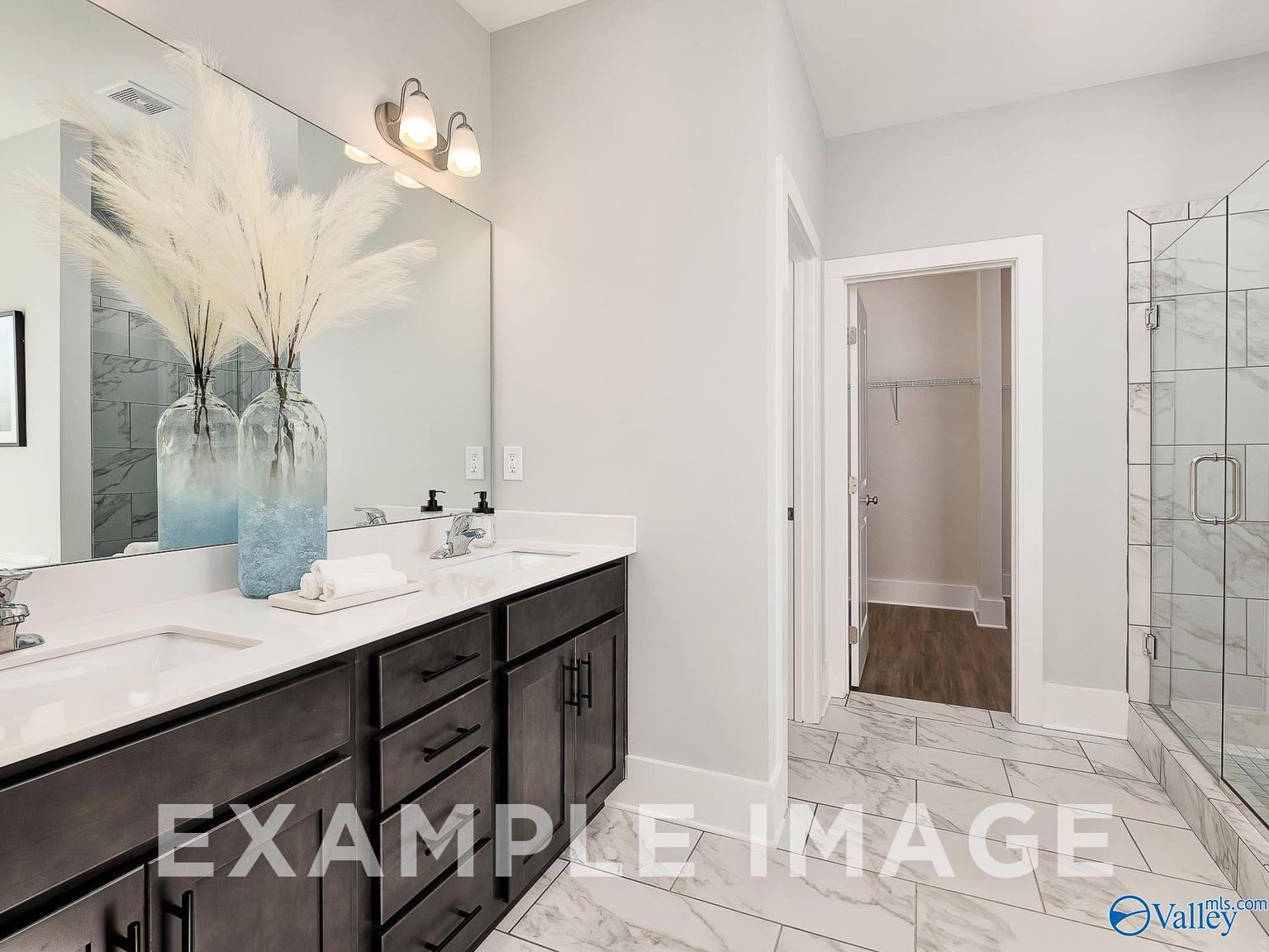 Elegant master bathroom with double vanity, frameless glass shower, and walk-in closet in Davidson Homes The Everett B, Toney, Alabama