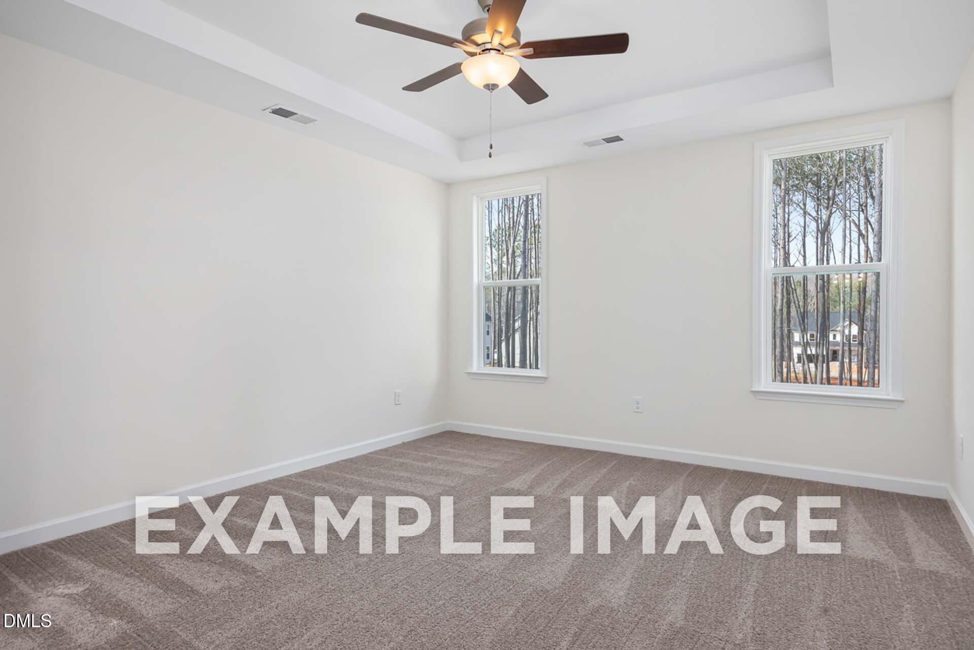 Spacious empty bedroom with tray ceiling, ceiling fan, and large windows overlooking trees in Davidson Homes The Ash B, Zebulon, NC