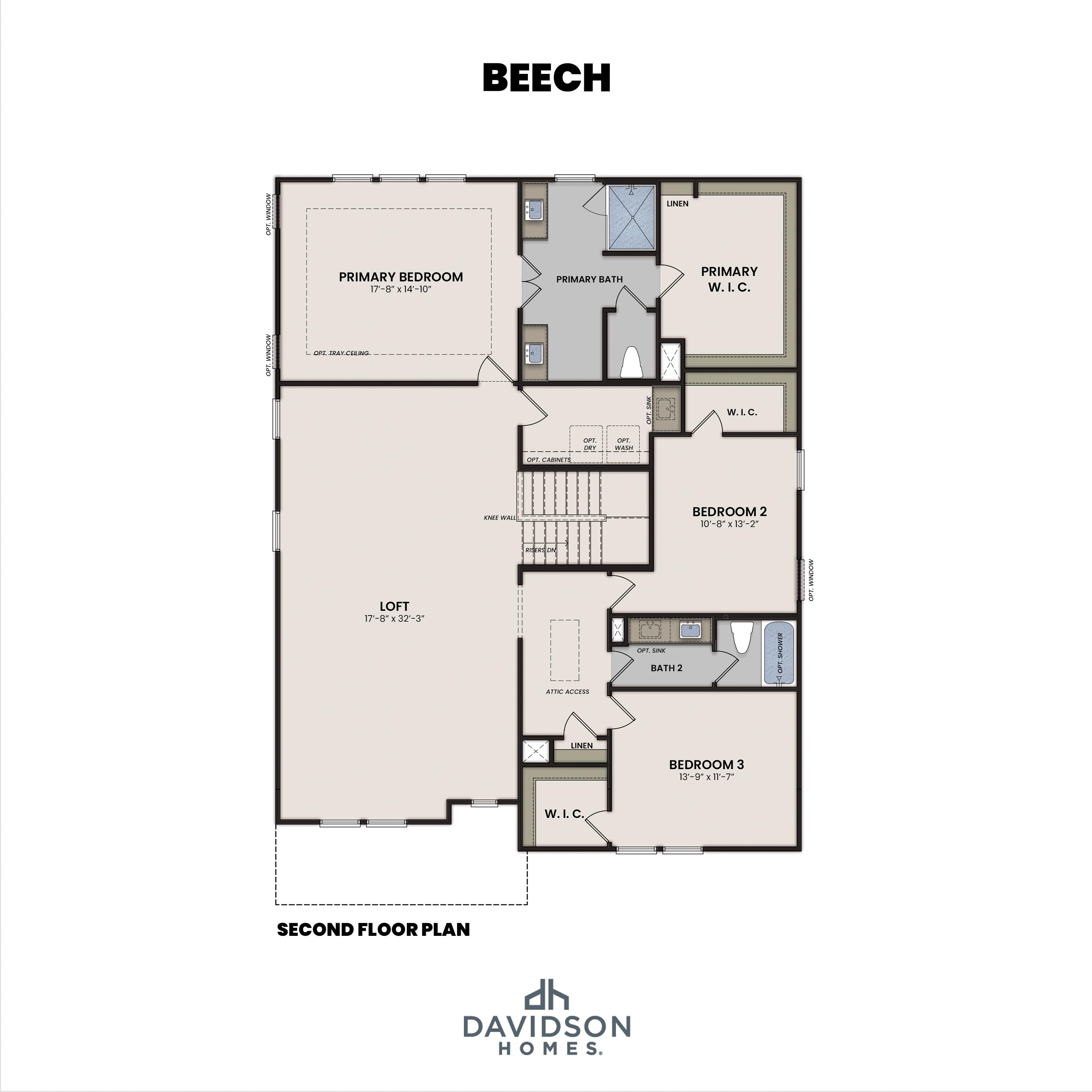 Second floor plan of The Beech A featuring a spacious loft, primary suite, and secondary bedrooms in Toney, Alabama.
