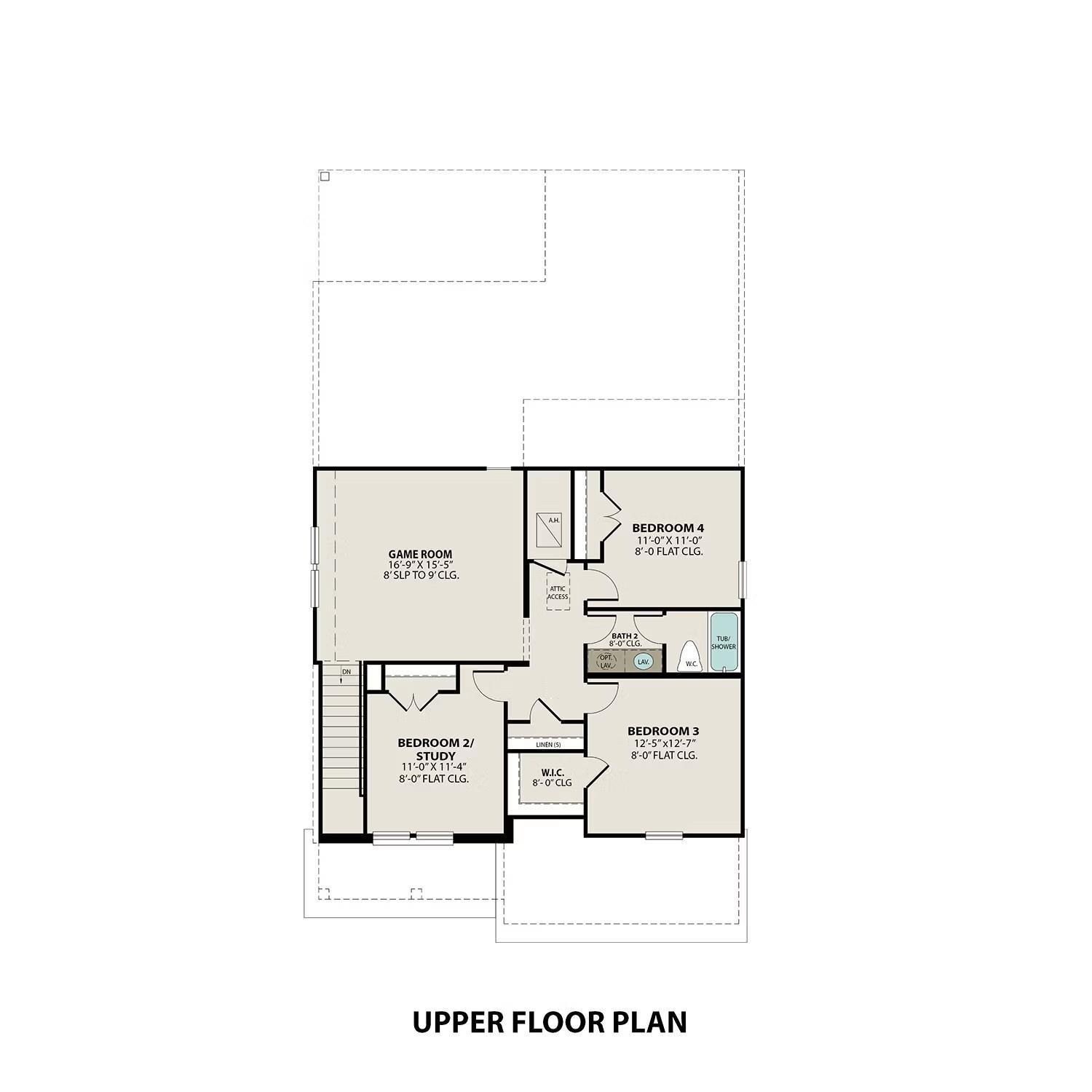 Upper floor plan of The Tierra C 3-Car Garage showing bedrooms 2, 3, 4, baths, and closets in Davidson Homes, Dayton, Texas
