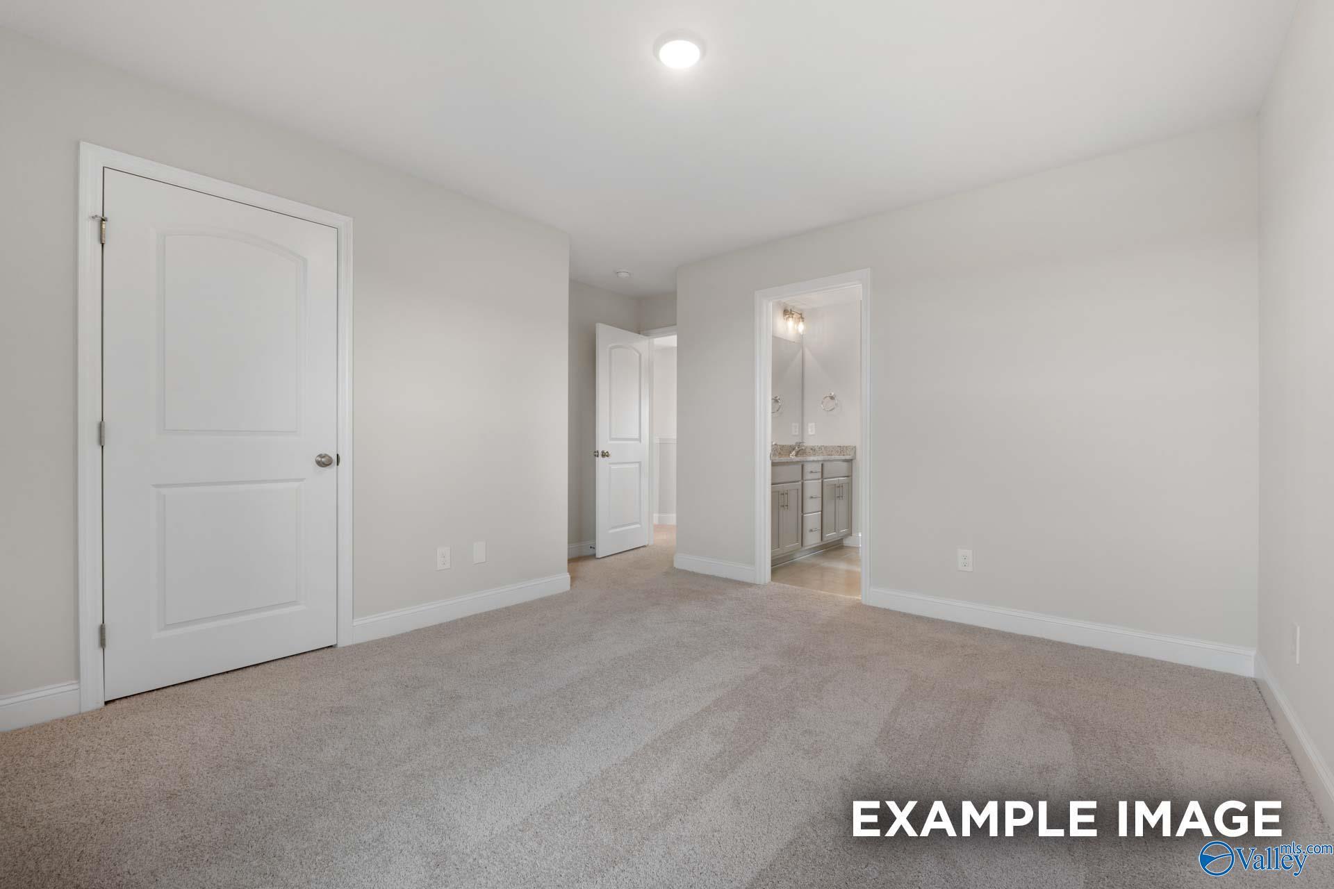 Bright bedroom with neutral walls, carpeted floor, and open en-suite bathroom featuring vanity in Davidson Homes Madison A, Toney AL