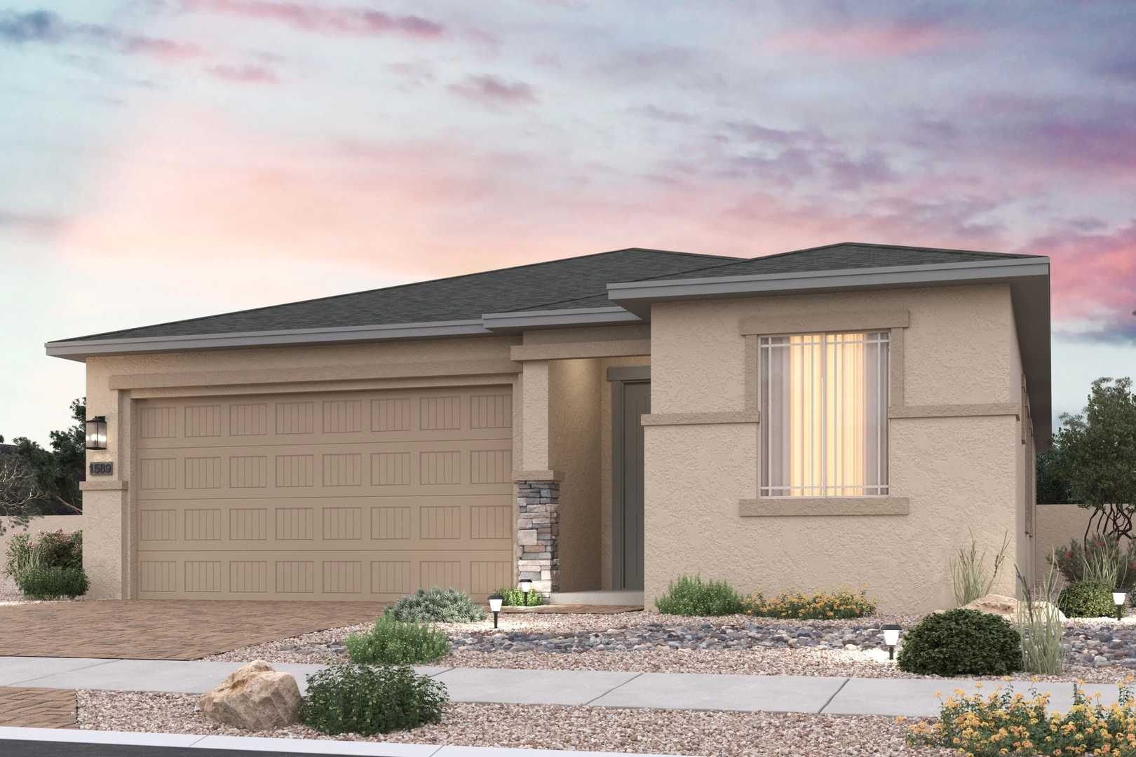 Single-story The Frontier home elevation with 3-car garage, stone siding, desert landscaping, and sunset sky in Prescott Valley AZ