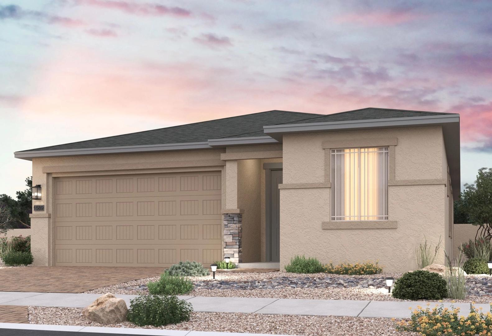 Single-story The Frontier home elevation with 3-car garage, stone siding, desert landscaping, and sunset sky in Prescott Valley AZ