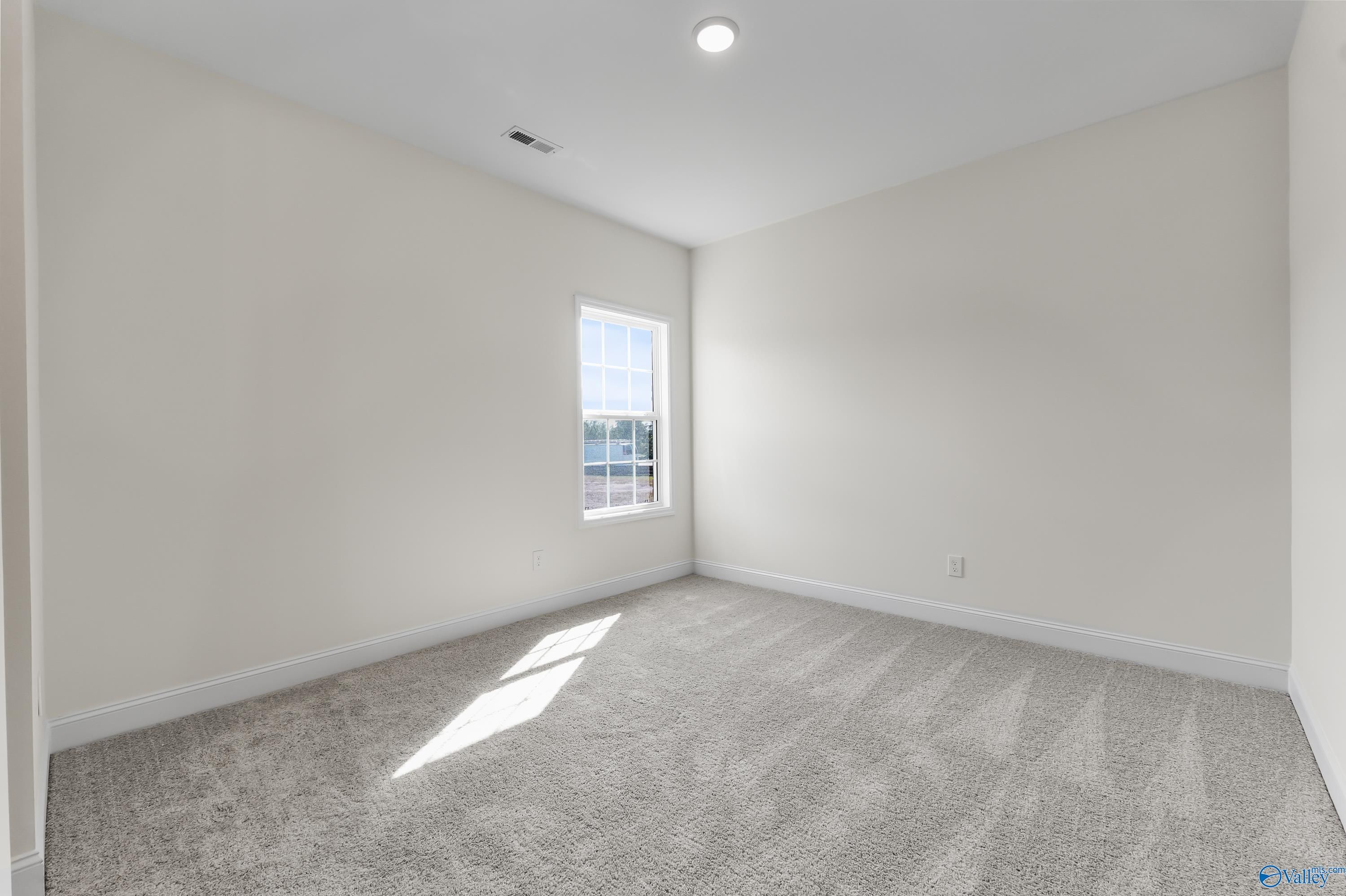 Bright secondary bedroom with neutral walls, plush carpet, large window, and natural light in Davidson Homes The Finleigh, Harvest, AL