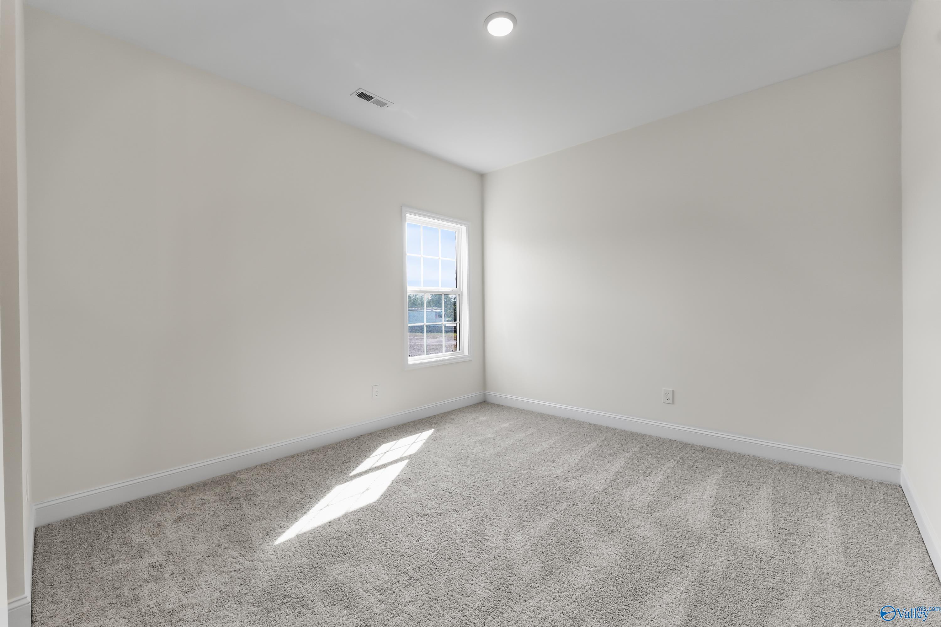 Bright secondary bedroom with neutral walls, plush carpet, large window, and natural light in Davidson Homes The Finleigh, Harvest, AL