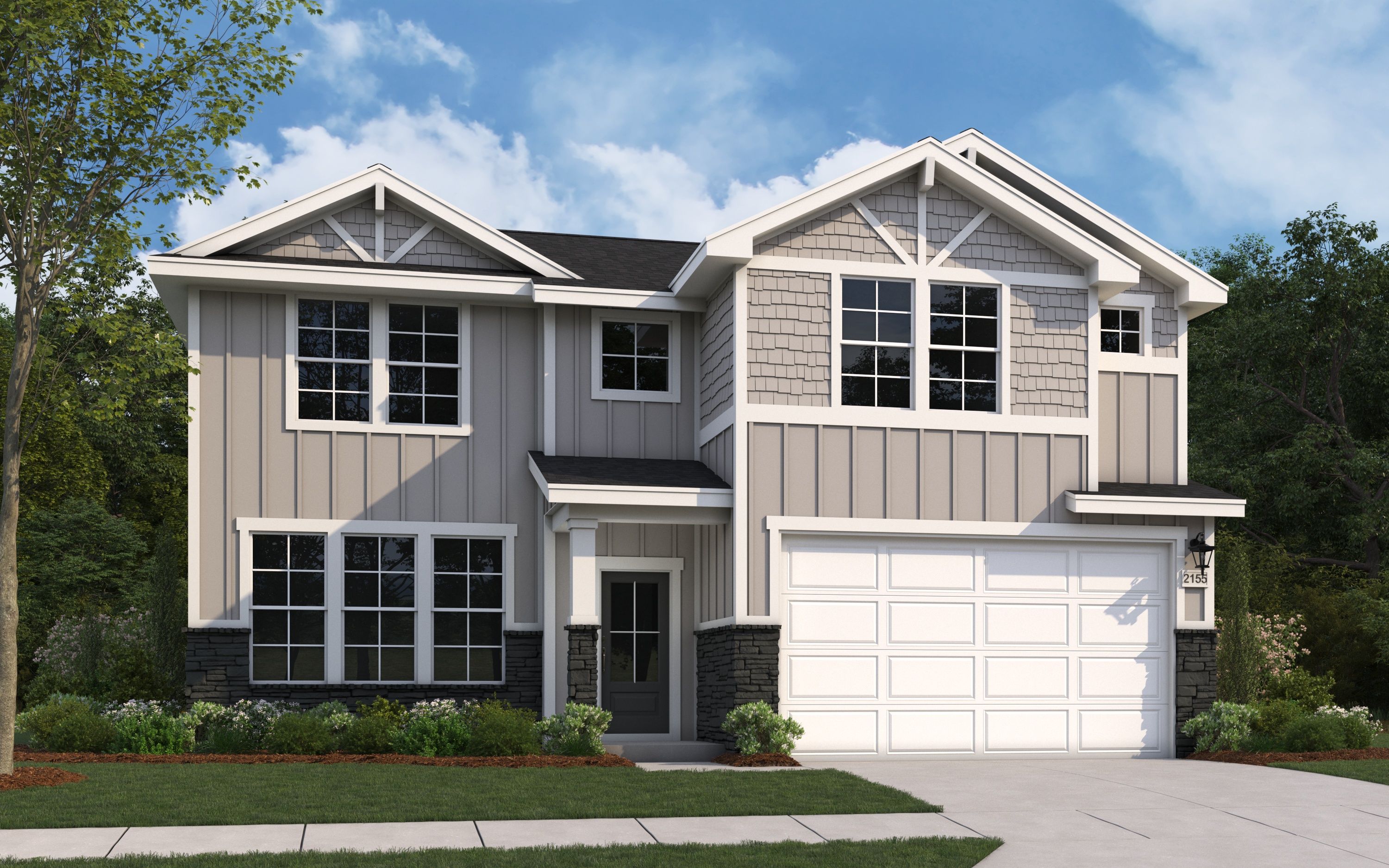 Two-story Stella B home elevation with navy blue siding, beige gables, stone accents, two-car garage, and lush landscaping