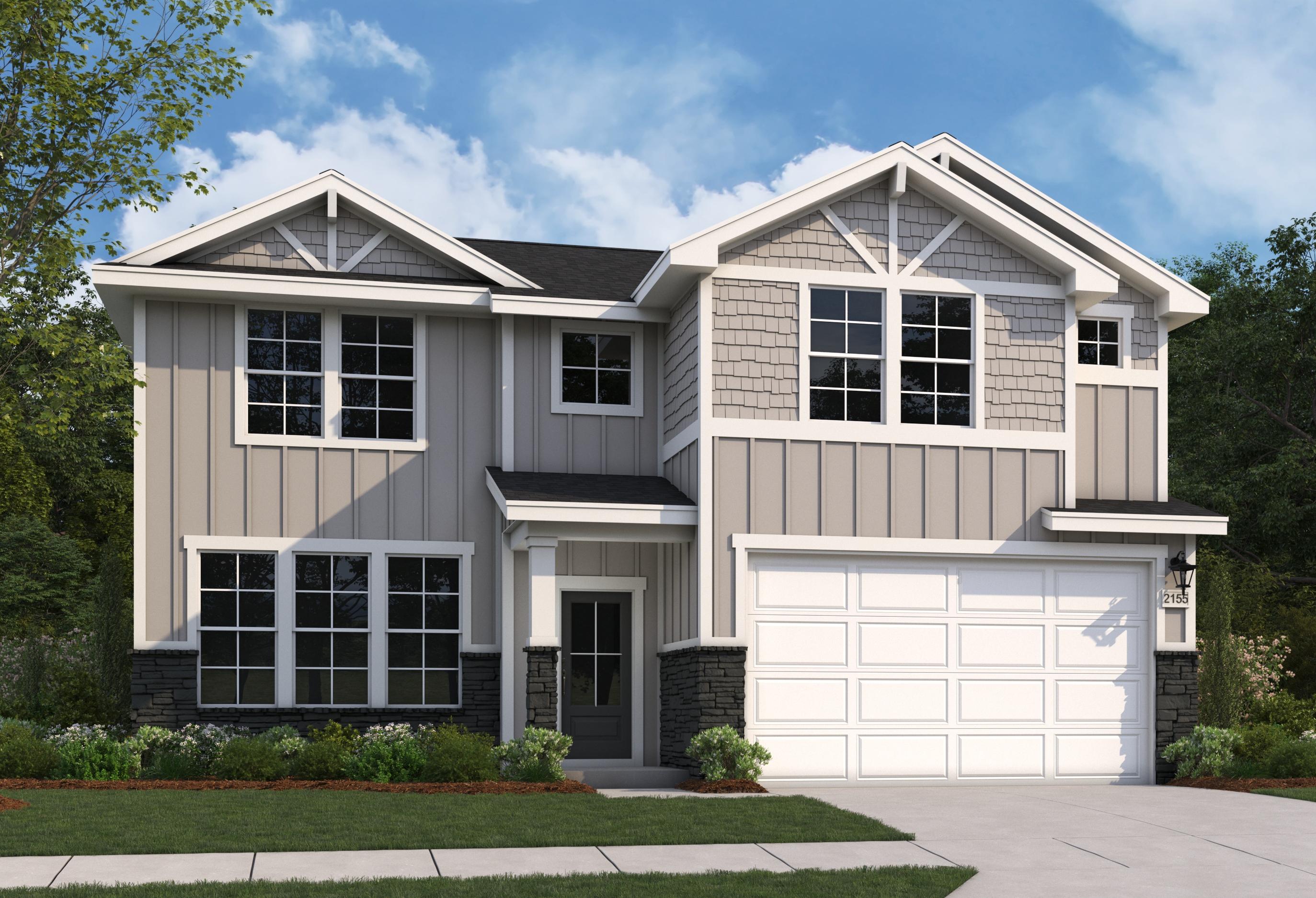 Two-story Stella B home elevation with navy blue siding, beige gables, stone accents, two-car garage, and lush landscaping