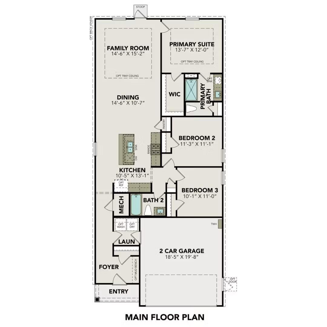 The Frio F floor plan: 3-bed, 2-bath, 1,459 sq ft single-story layout with open kitchen, primary suite, and 2-car garage in Liberty Estates, Cleveland, Texas