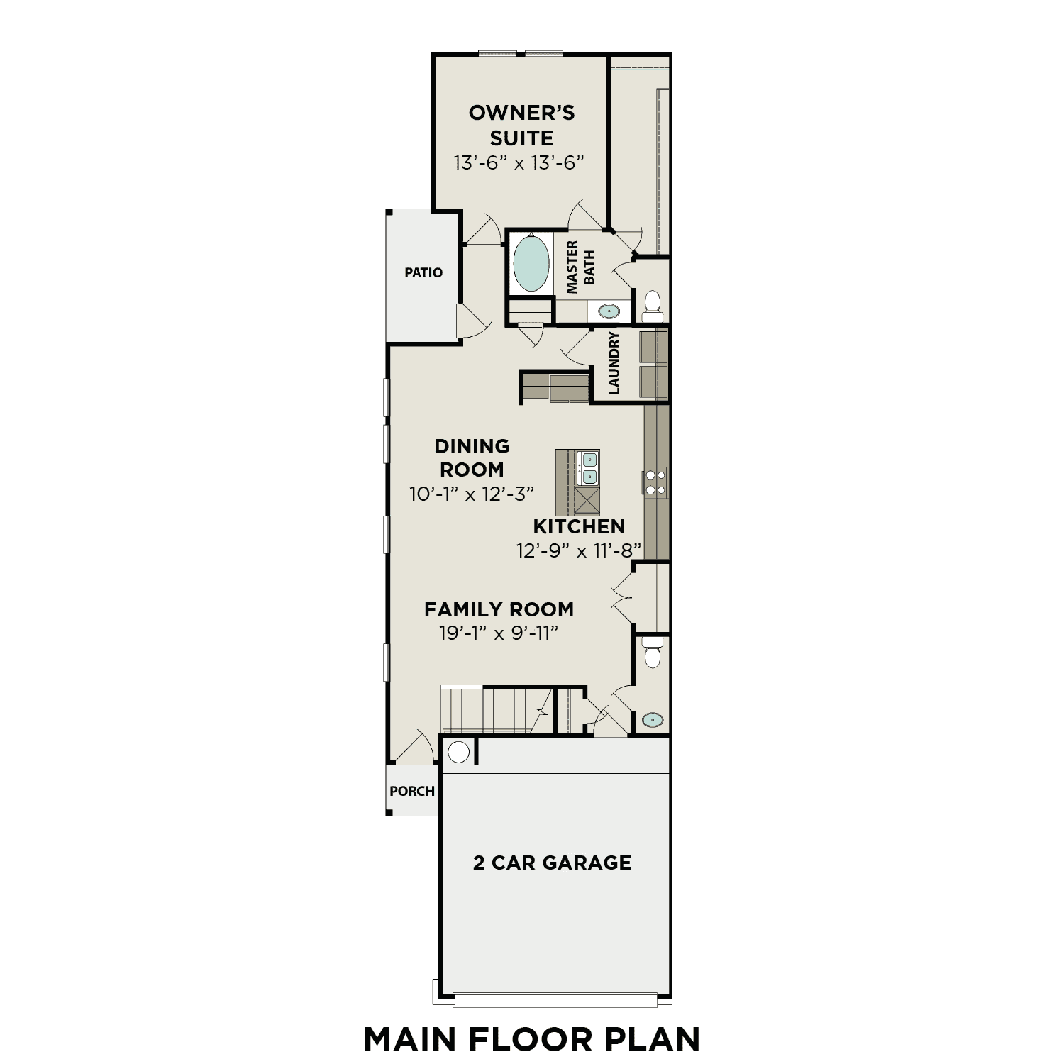 First floor plan of The Rose B showcasing open kitchen, family room, dining area, 2-car garage and patio in Cypress Texas