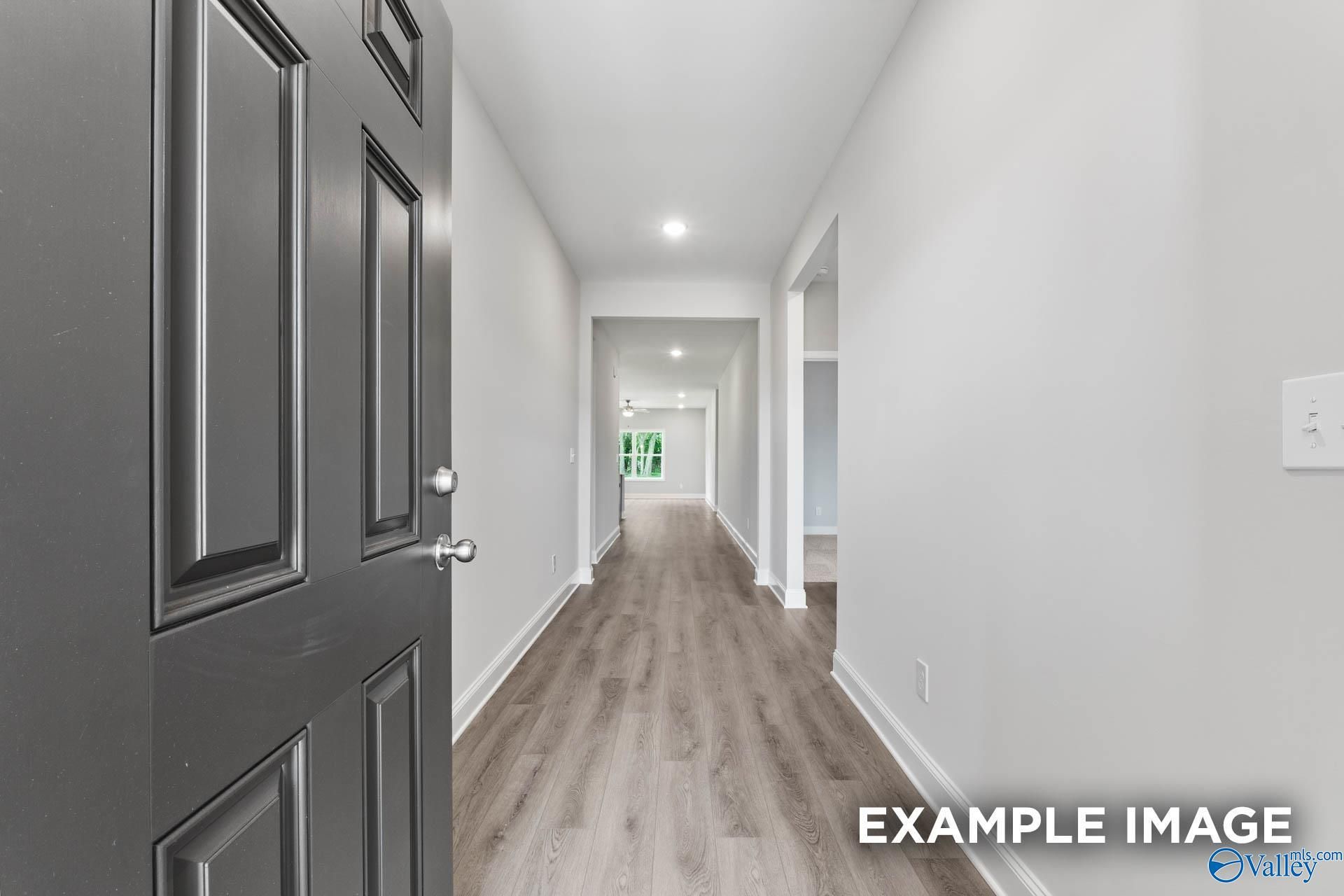 Inviting entry hallway with open gray front door, luxury vinyl plank flooring, and white walls in Davidson Homes The Daphne C, Arab, Alabama