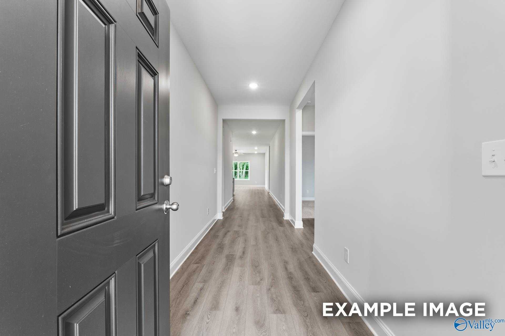 Inviting entry hallway with open gray front door, luxury vinyl plank flooring, and white walls in Davidson Homes The Daphne C, Arab, Alabama