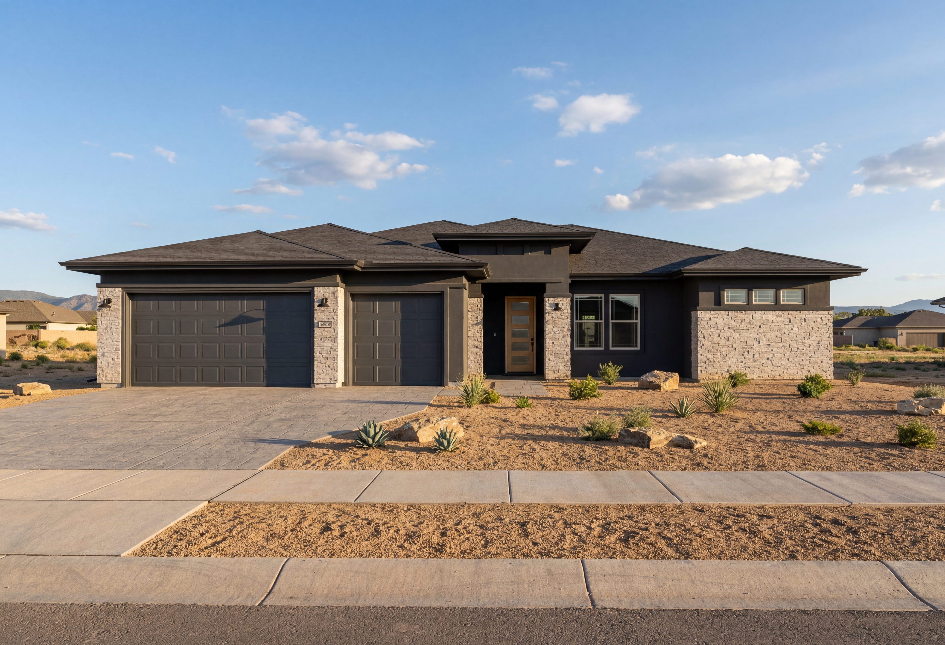 Modern single-story exterior of The Blaze in Prescott, Arizona featuring stone accents and a 3-car garage.