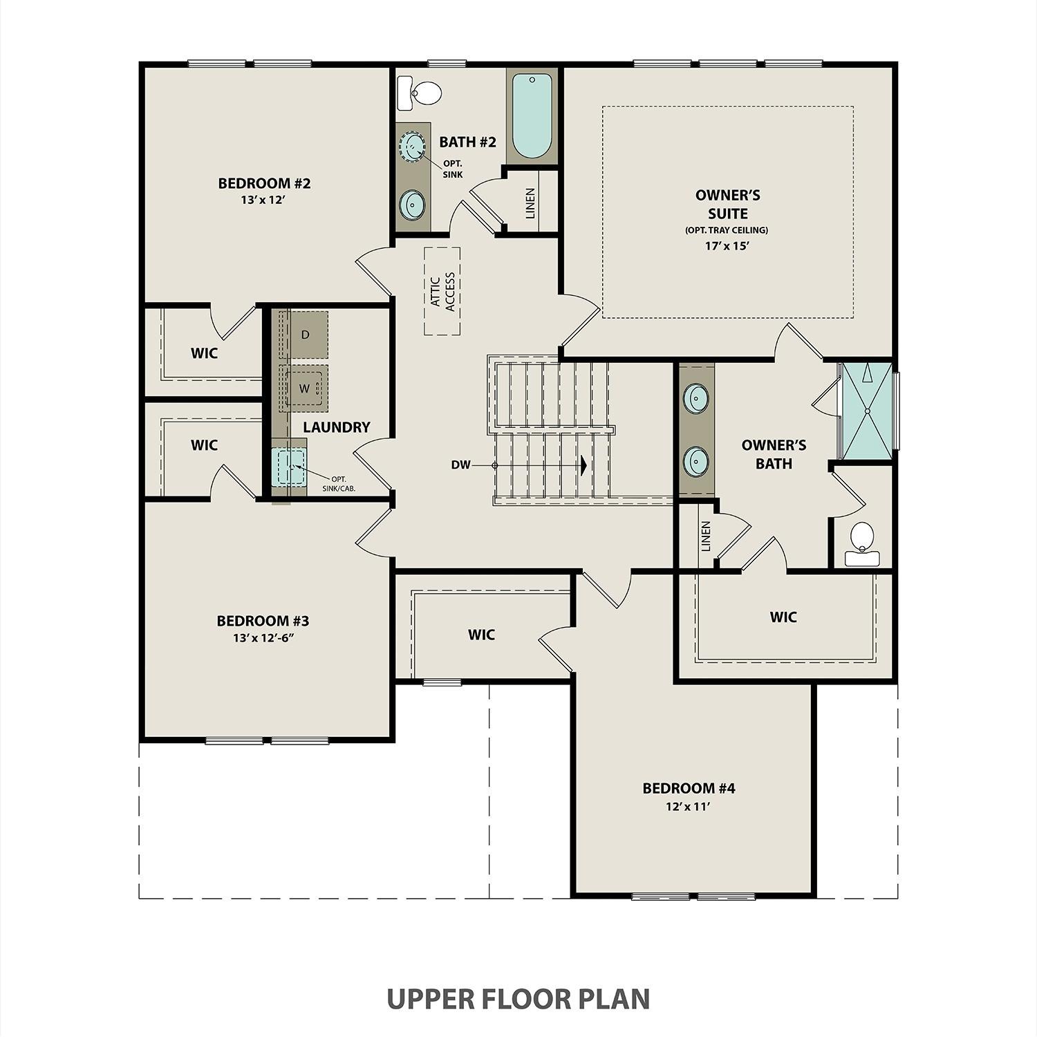 Upper floor plan of The Willow 5-bedroom home with owner's suite, bedrooms 2-4, baths, laundry in Woods Crossing, Gallatin, Tennessee