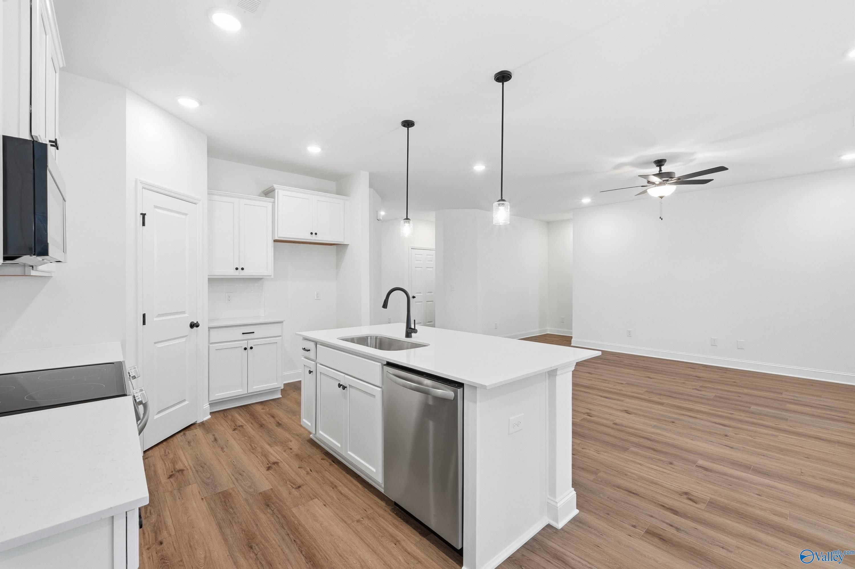 Modern white kitchen island with sink, stainless dishwasher, and open living space in Davidson Homes Asheville C, Arab, AL