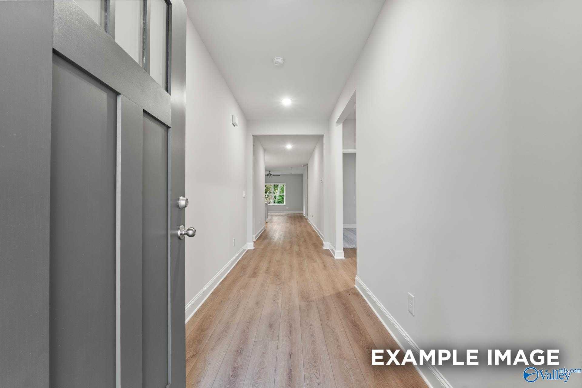 Welcoming entry hallway with light hardwood floors and open gray front door in Davidson Homes The Daphne, Meridianville, AL