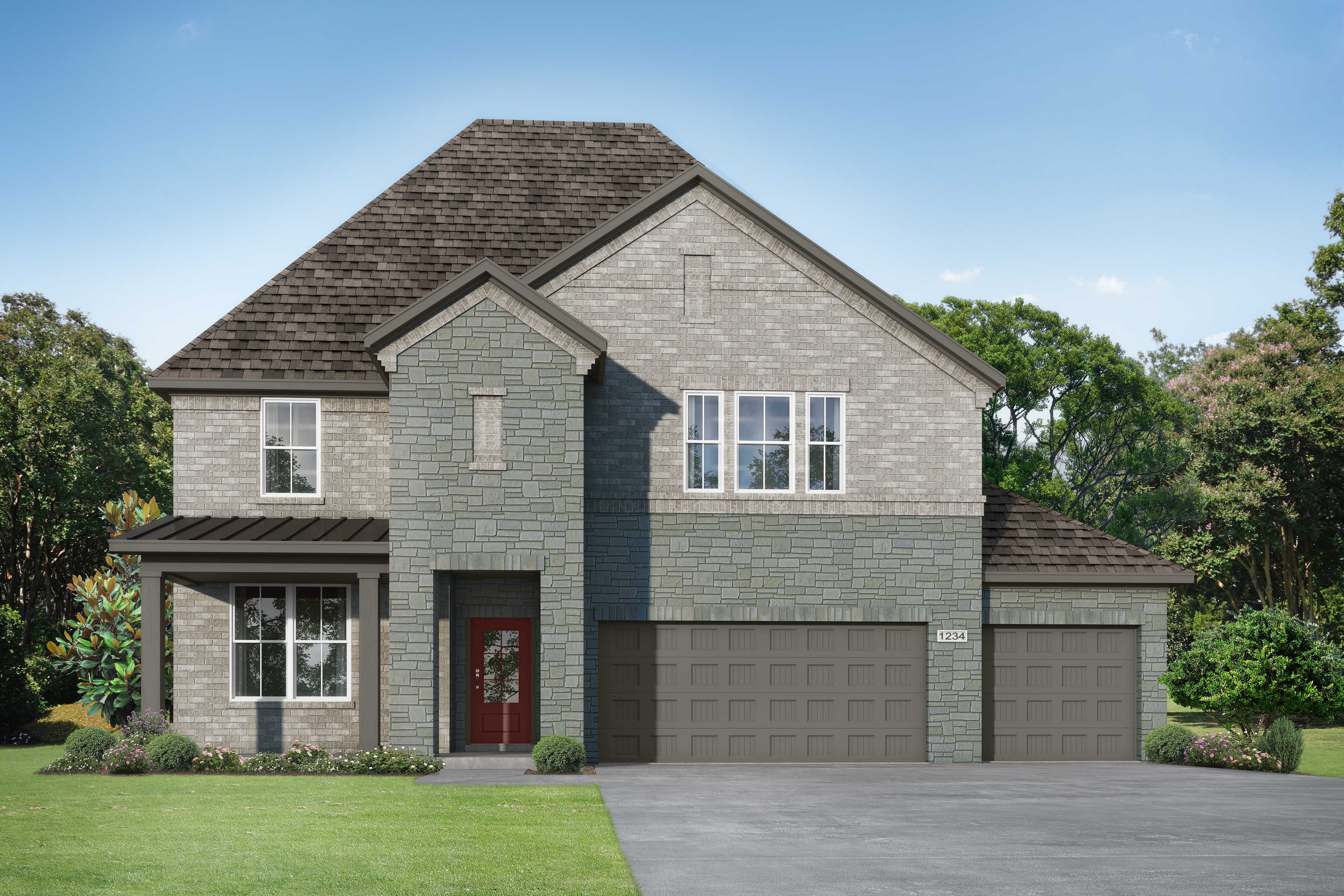 Two-story brick and stone exterior of The Sequoia O home featuring gabled roof, covered porch, and 2-car garage in Royse City