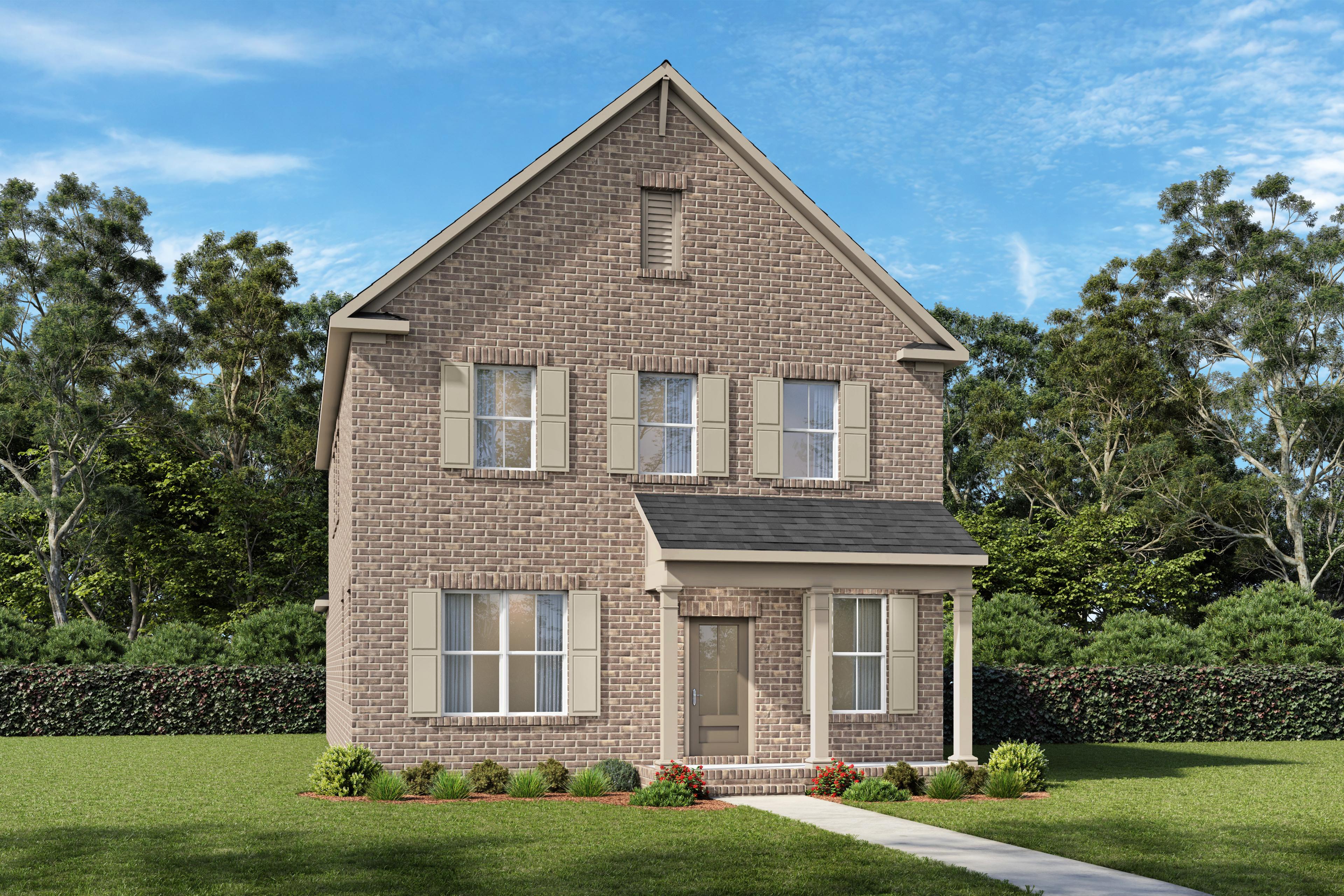 Two-story brick exterior of The Beaumont A home design by Davidson Homes featuring a covered front porch in Mt. Juliet.