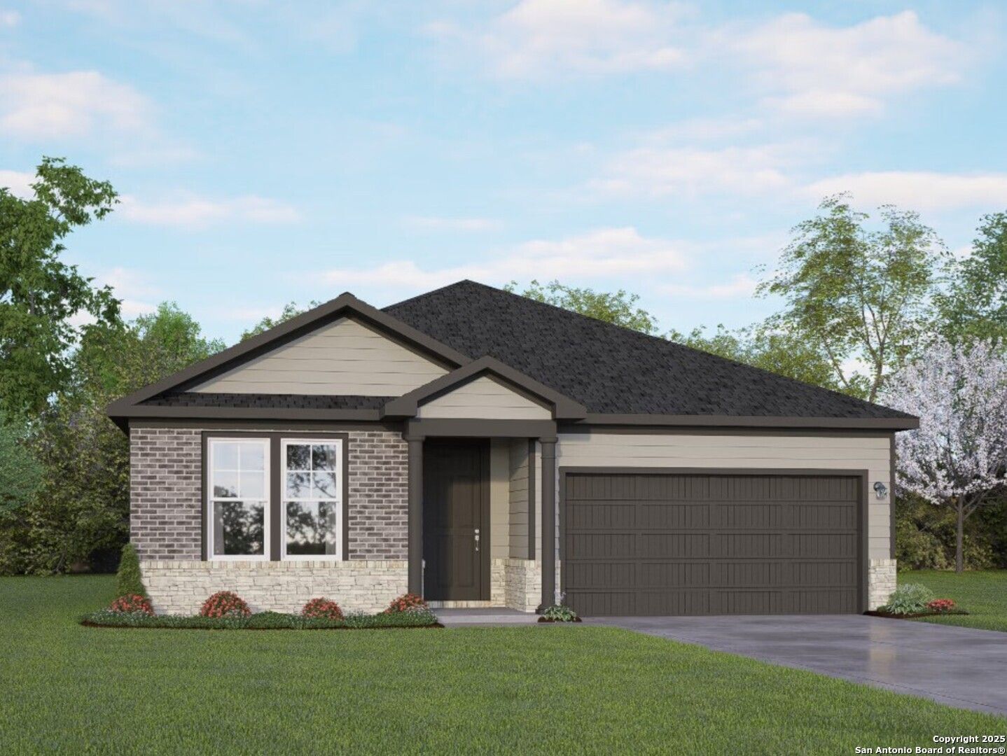 Modern single-story home with brick facade, dark shingle roof, 2-car garage, and landscaped yard in Horizon Pointe, Converse, Texas