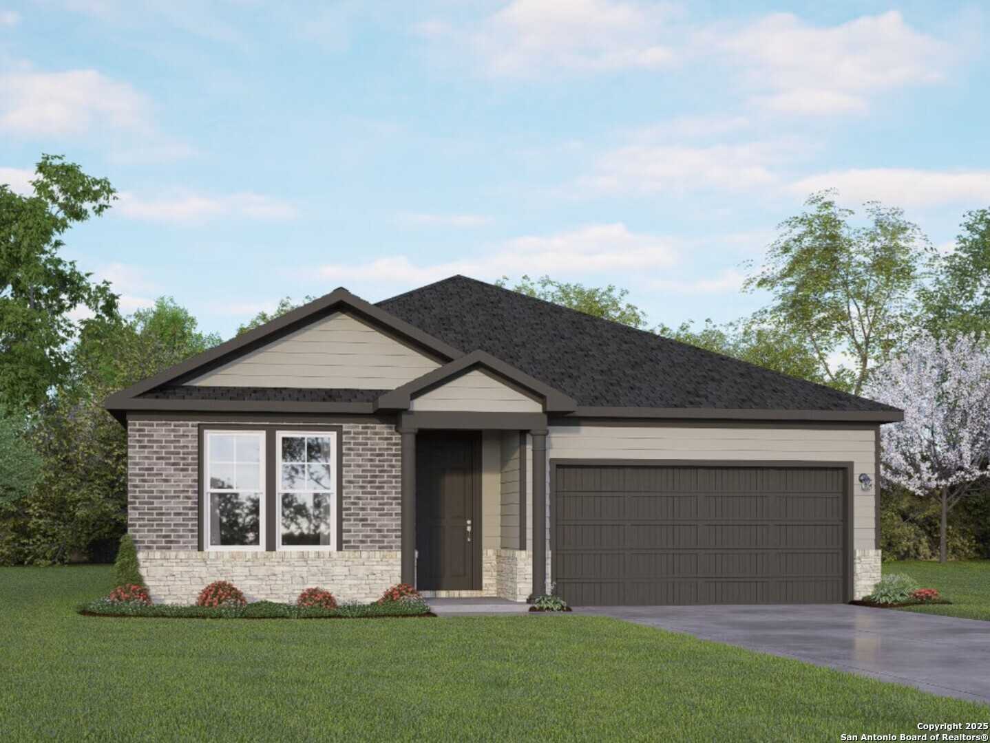 Modern single-story home with brick facade, dark shingle roof, 2-car garage, and landscaped yard in Horizon Pointe, Converse, Texas