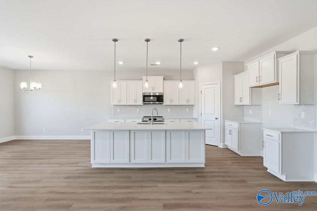 Modern white kitchen island with sink, stainless steel appliances, subway tile backsplash in Davidson Homes The Harrison, Hartselle AL