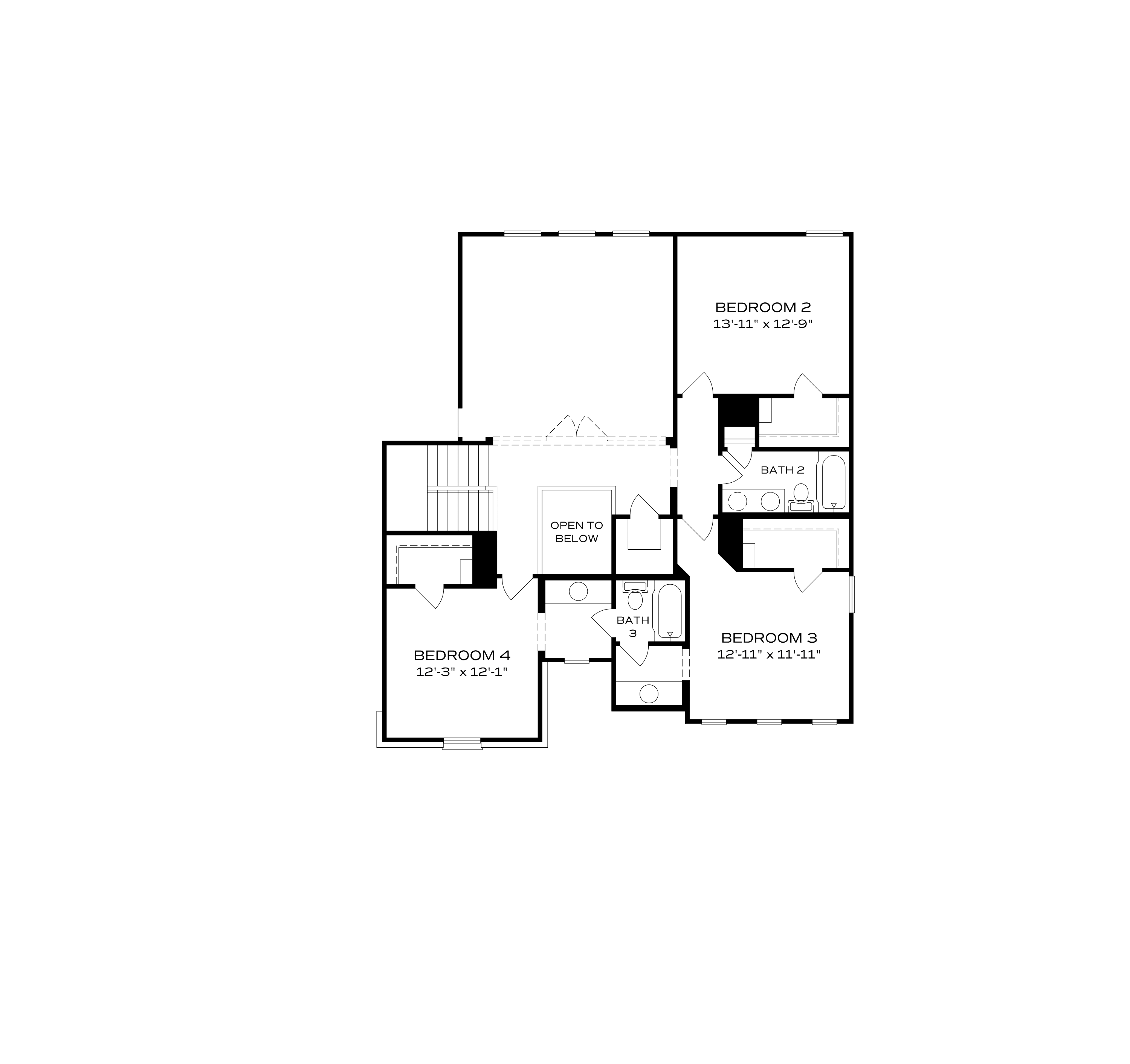 The Avalon second floor plan with bedrooms 2, 3, 4, baths, and open loft area by Evermore Homes