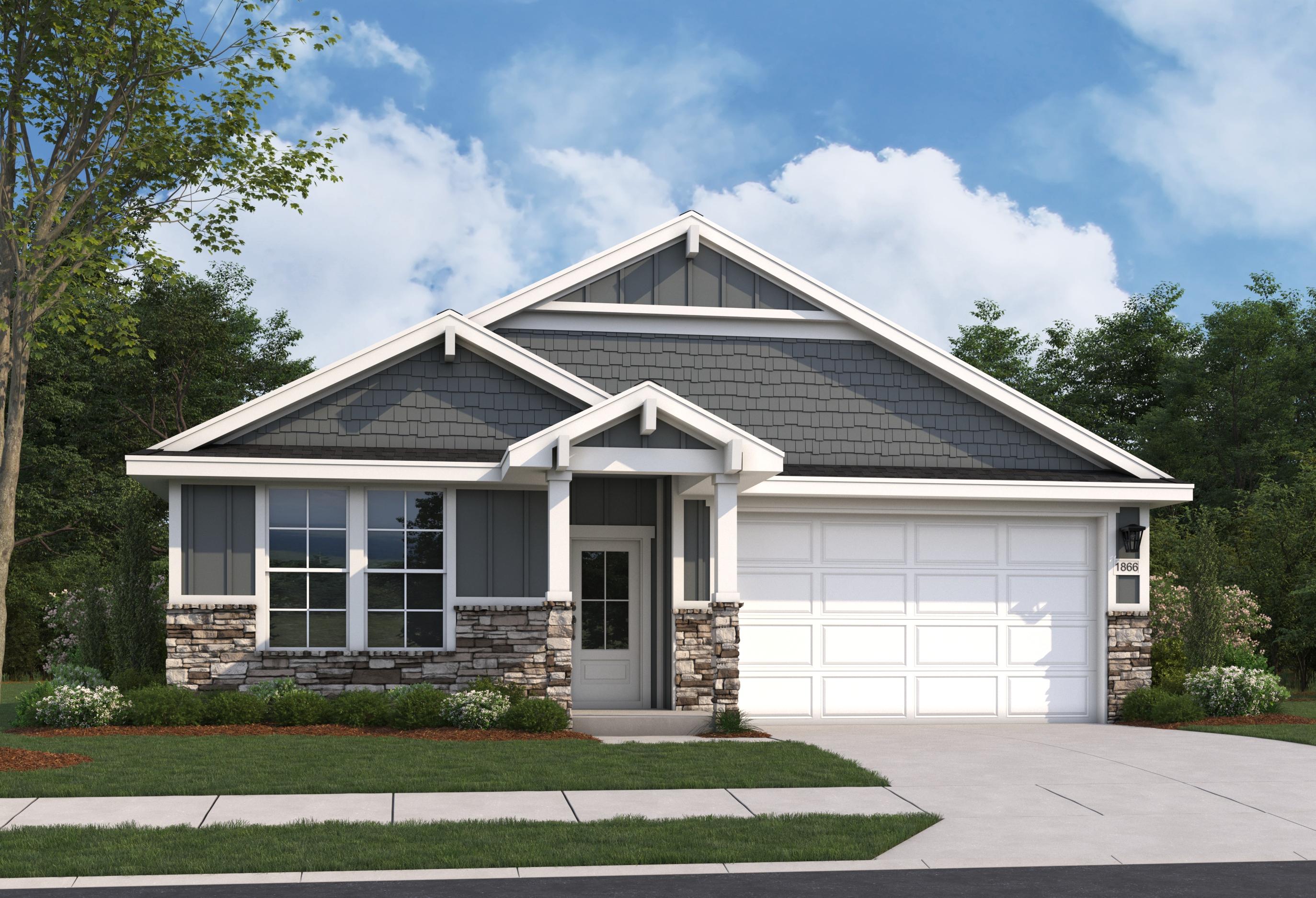 Craftsman-style elevation of The Aurora B single-story home featuring stone accents, shake shingles, two-car garage, and front porch landscaping