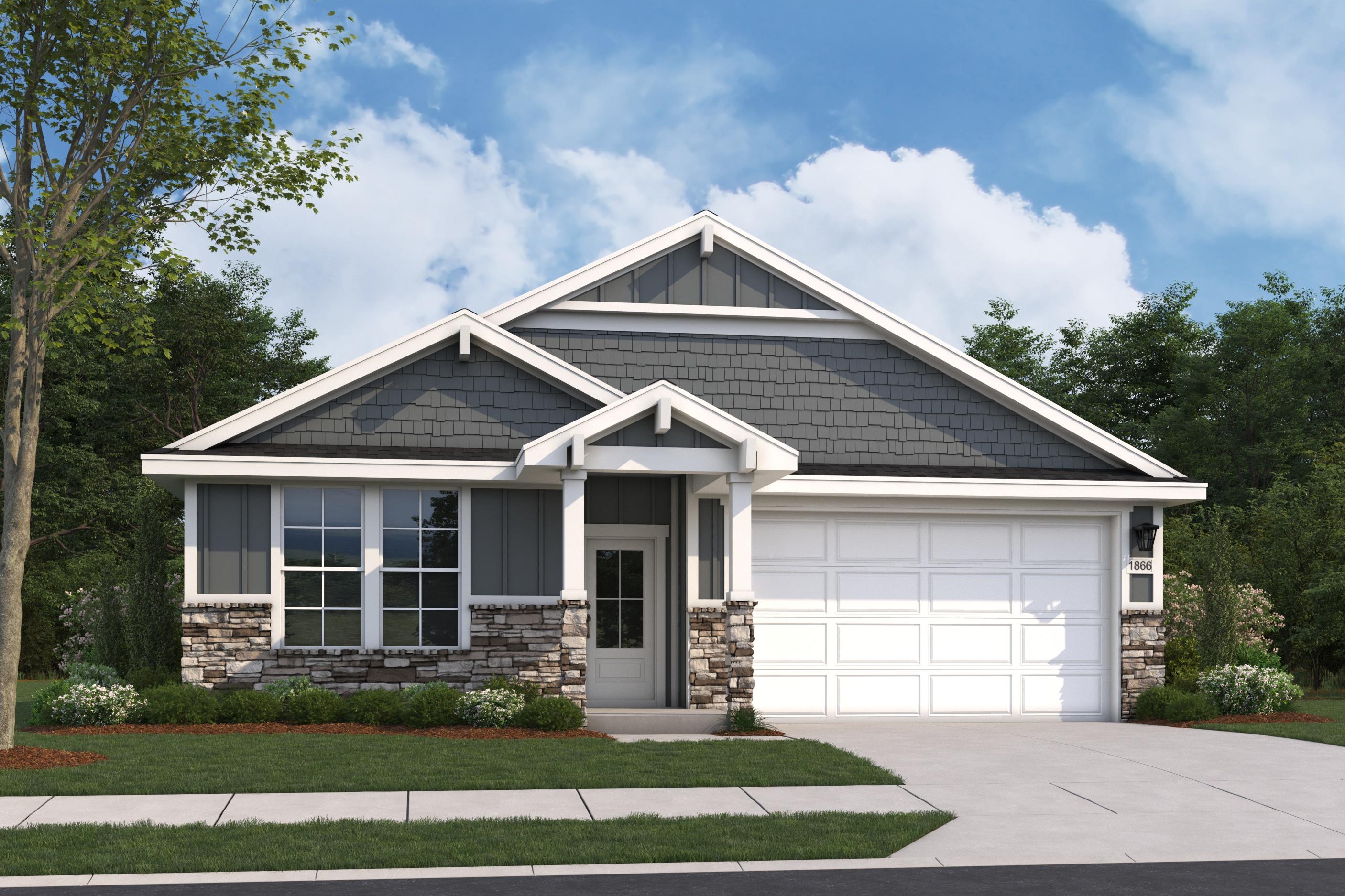 Craftsman-style elevation of The Aurora B single-story home featuring stone accents, shake shingles, two-car garage, and front porch landscaping