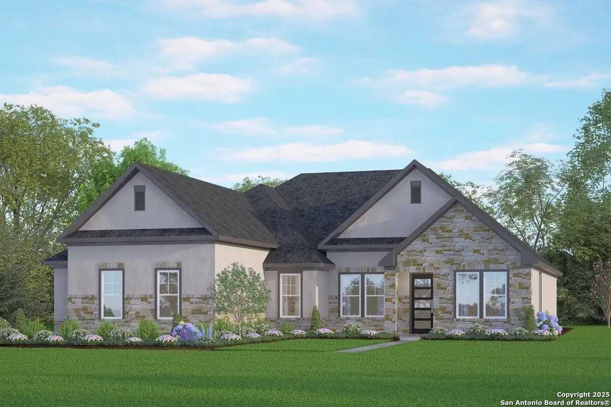 Modern single-story 5-bedroom home exterior with stone facade, dark roof, and landscaped yard in Potranco Oaks, Castroville, Texas