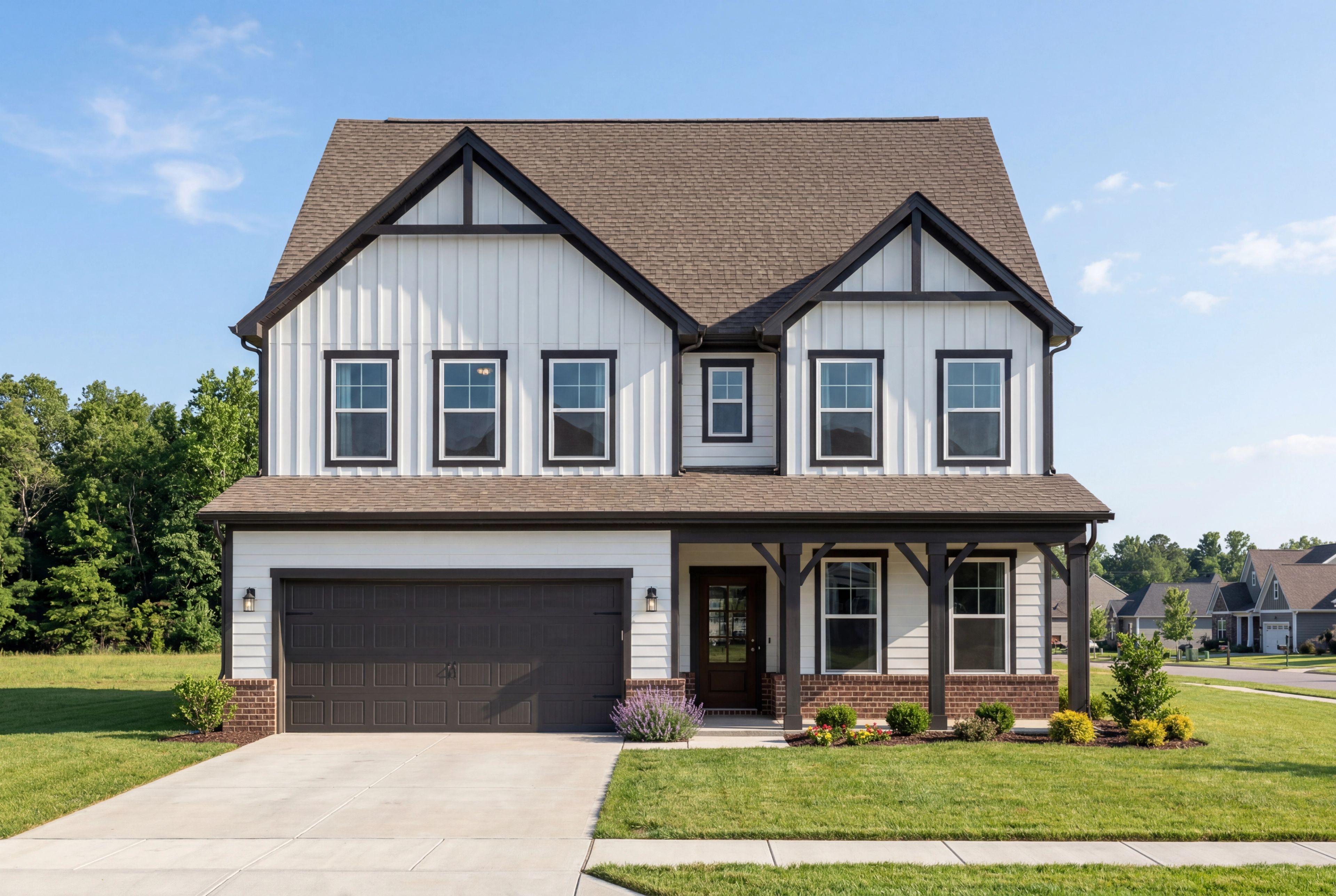 Modern farmhouse exterior of The Shelby E, a 2-story single-family home with 2-car garage in Cullman, Alabama.