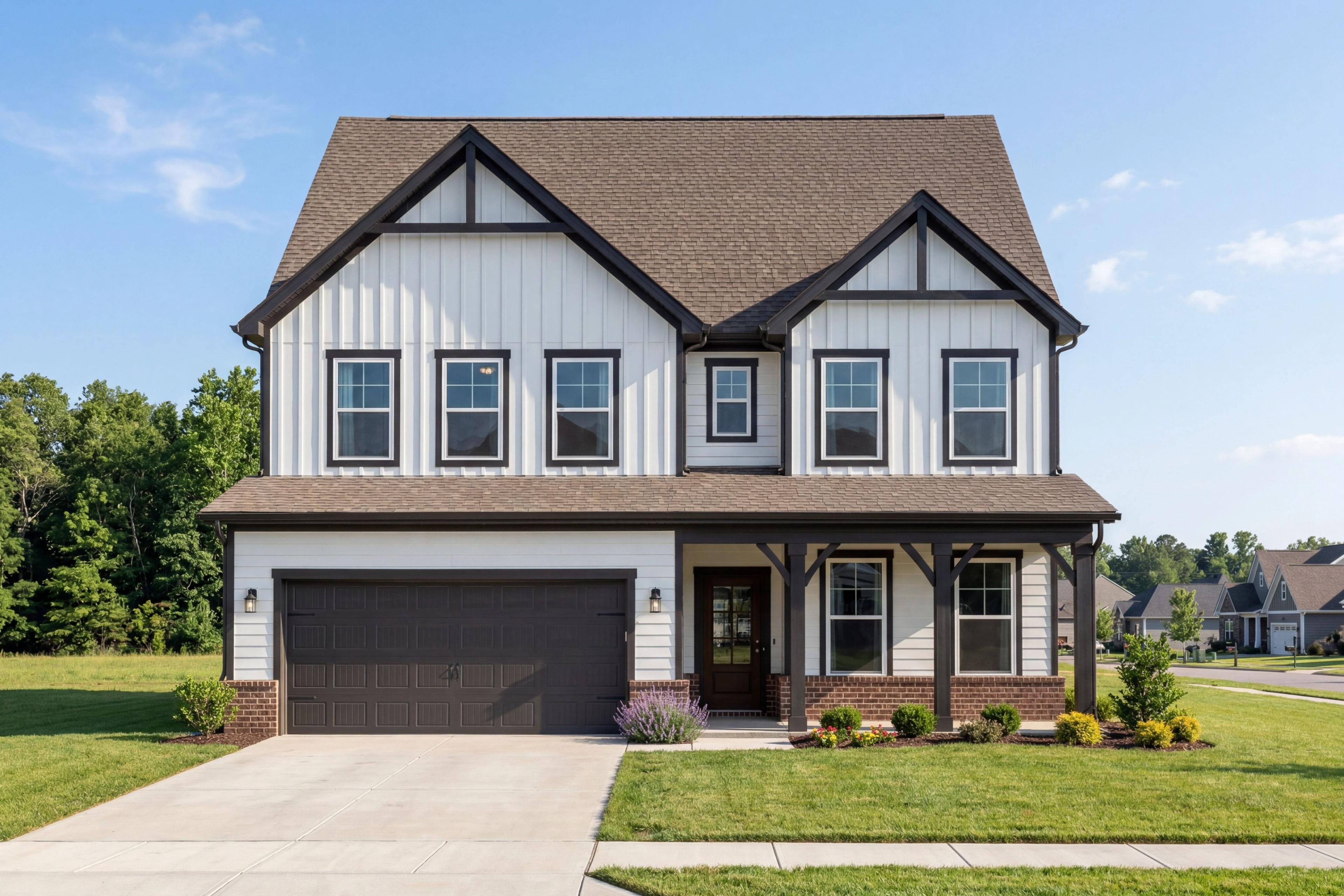 Modern farmhouse exterior of The Shelby E, a 2-story single-family home with 2-car garage in Cullman, Alabama.