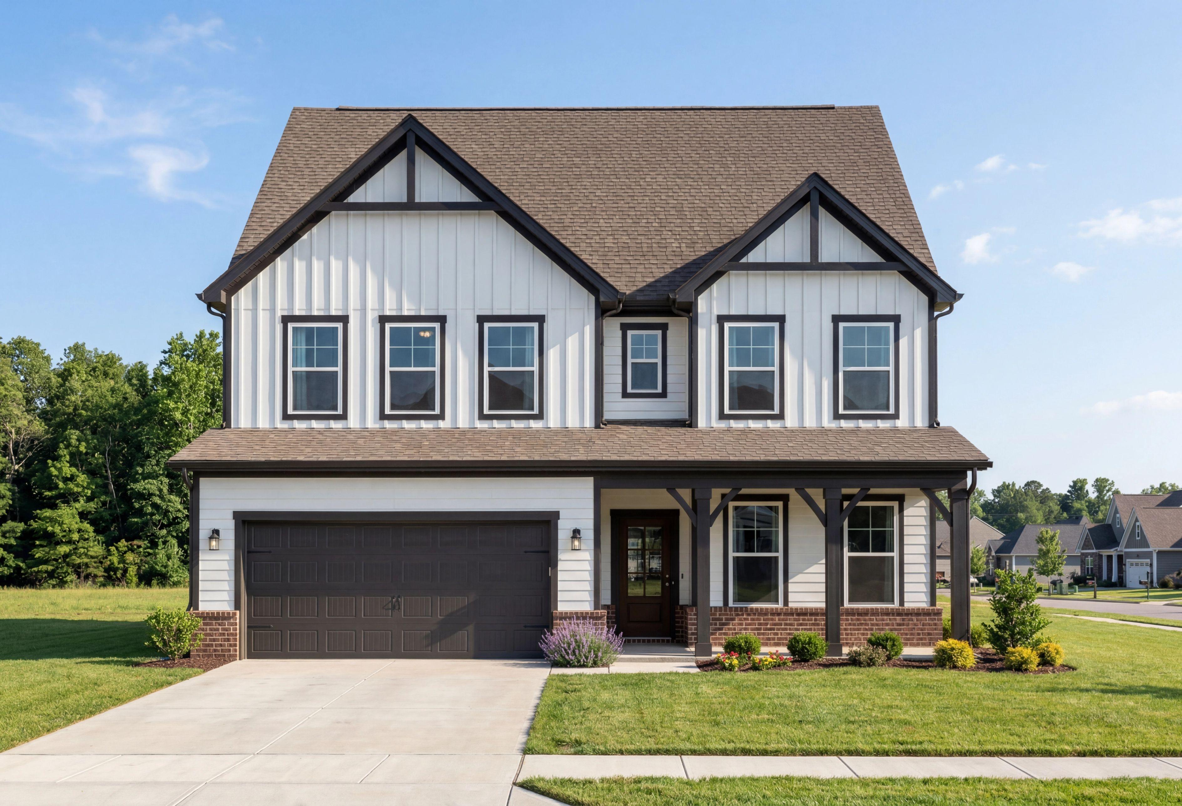 Modern farmhouse exterior of The Shelby E, a 2-story single-family home with 2-car garage in Cullman, Alabama.