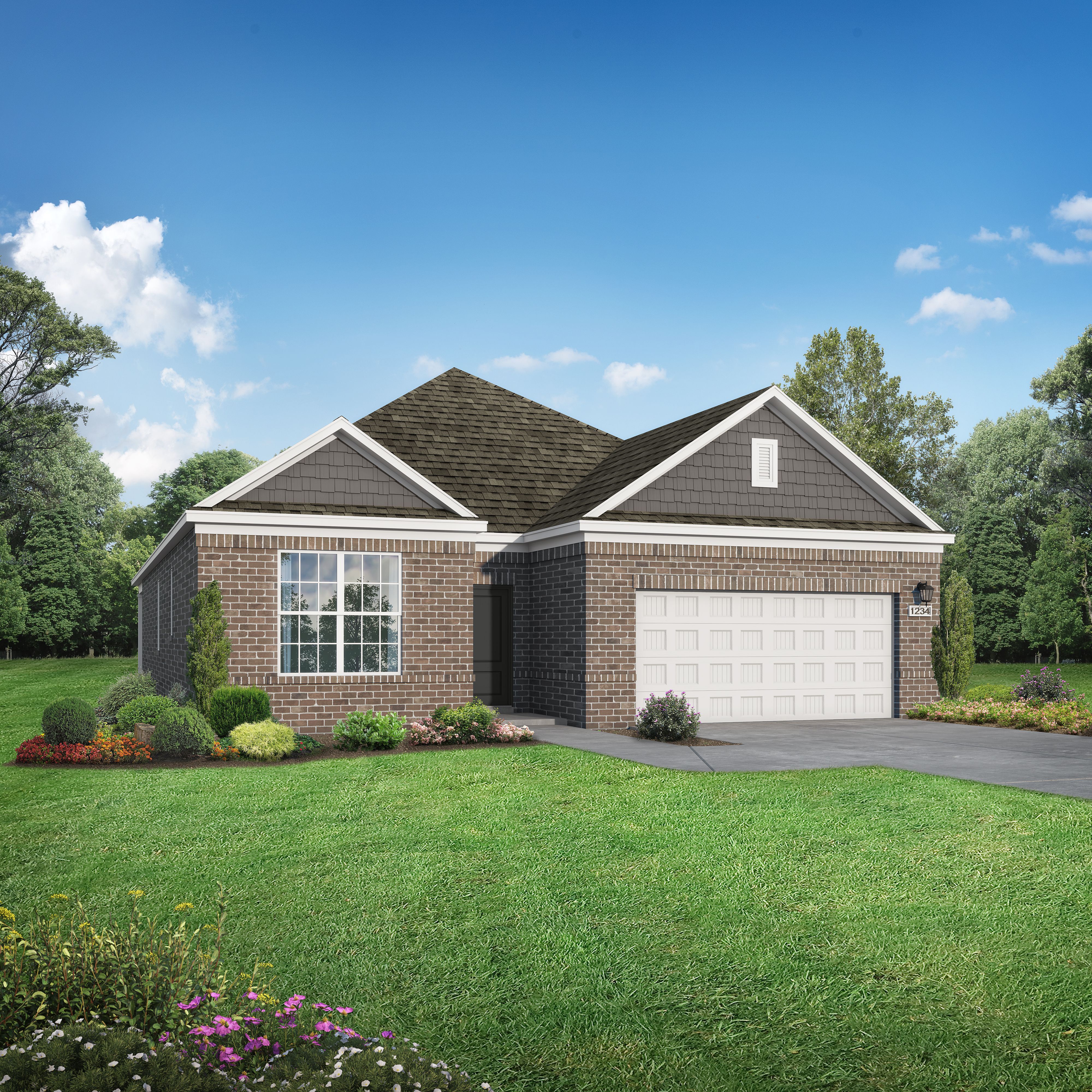 Brick exterior elevation of The Holly one-story home in Royse City, Texas, with attached garage and lush landscaped yard