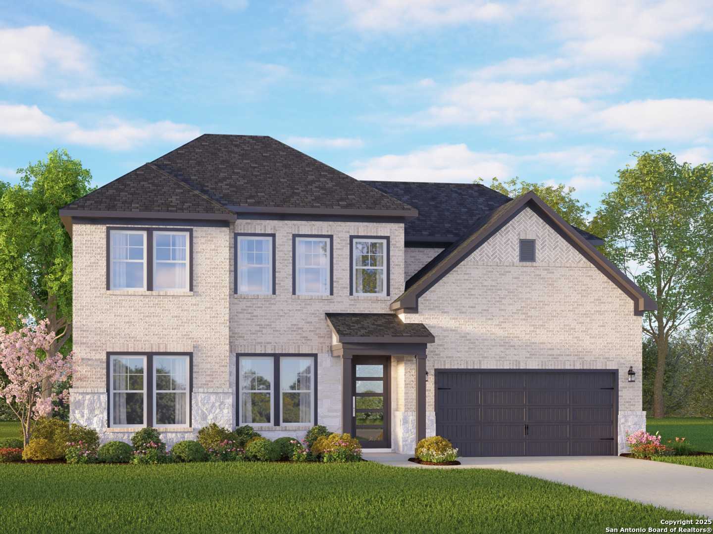 Modern 2-story brick home with dark roof, 2-car garage, and lush landscaping in The Reserve at Potranco Oaks, Castroville, Texas