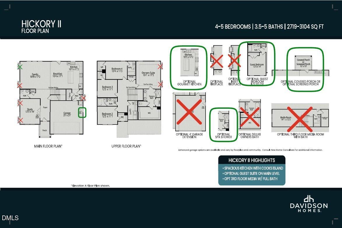 Hickory II B floor plan: 5-bed, 4-bath, 2,719 sq ft 2-story home with 2-car garage by Davidson Homes in Wellers Knoll, Lillington, NC