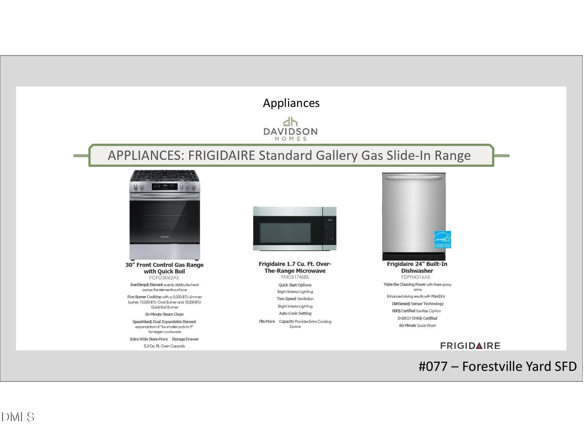 Frigidaire Gallery gas slide-in range, 5.0 cu ft oven, and built-in dishwasher in stainless steel for Davidson Homes The Alexander D kitchen