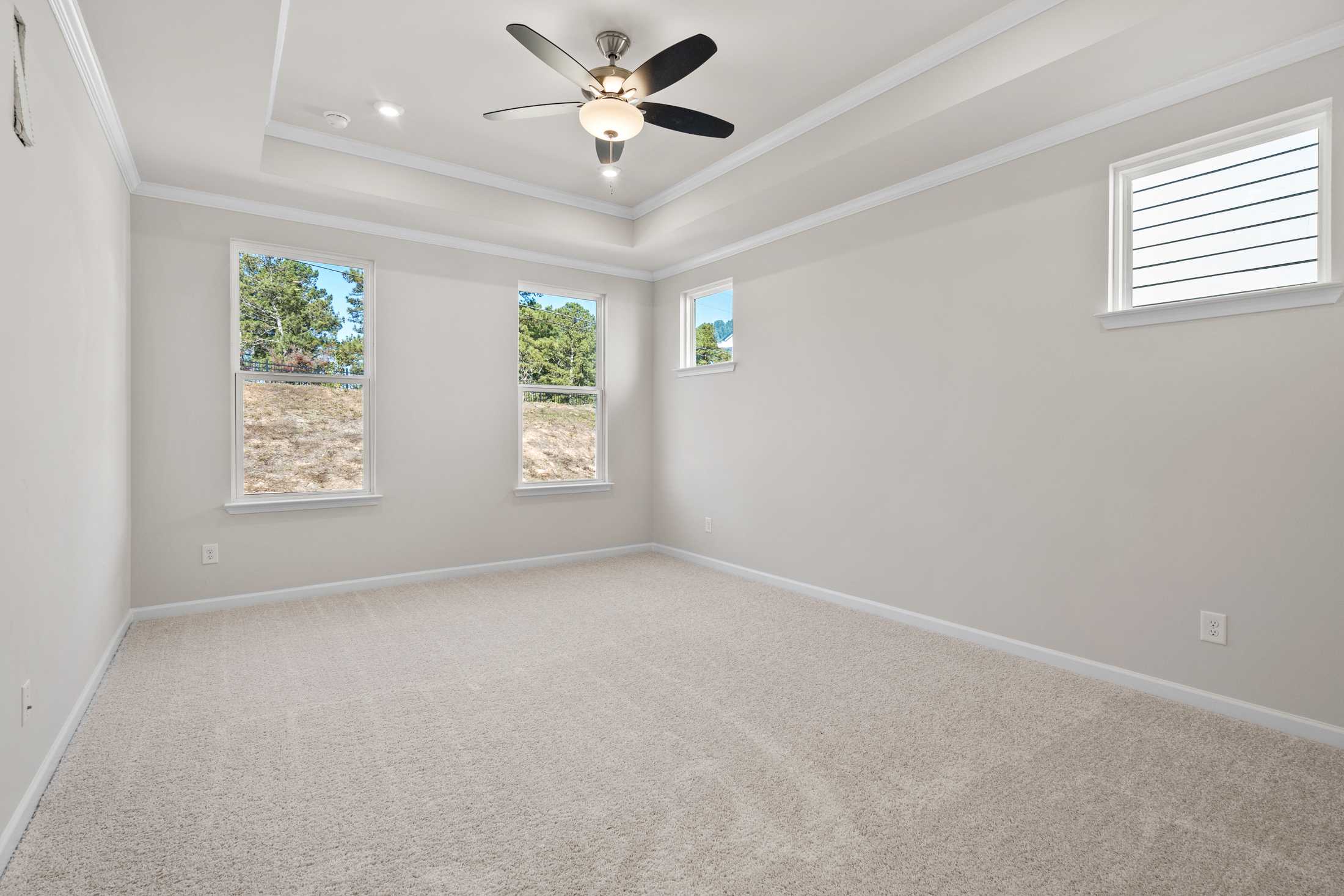 Spacious secondary bedroom in The Dawson C with beige walls, large windows, ceiling fan, and carpeted floor