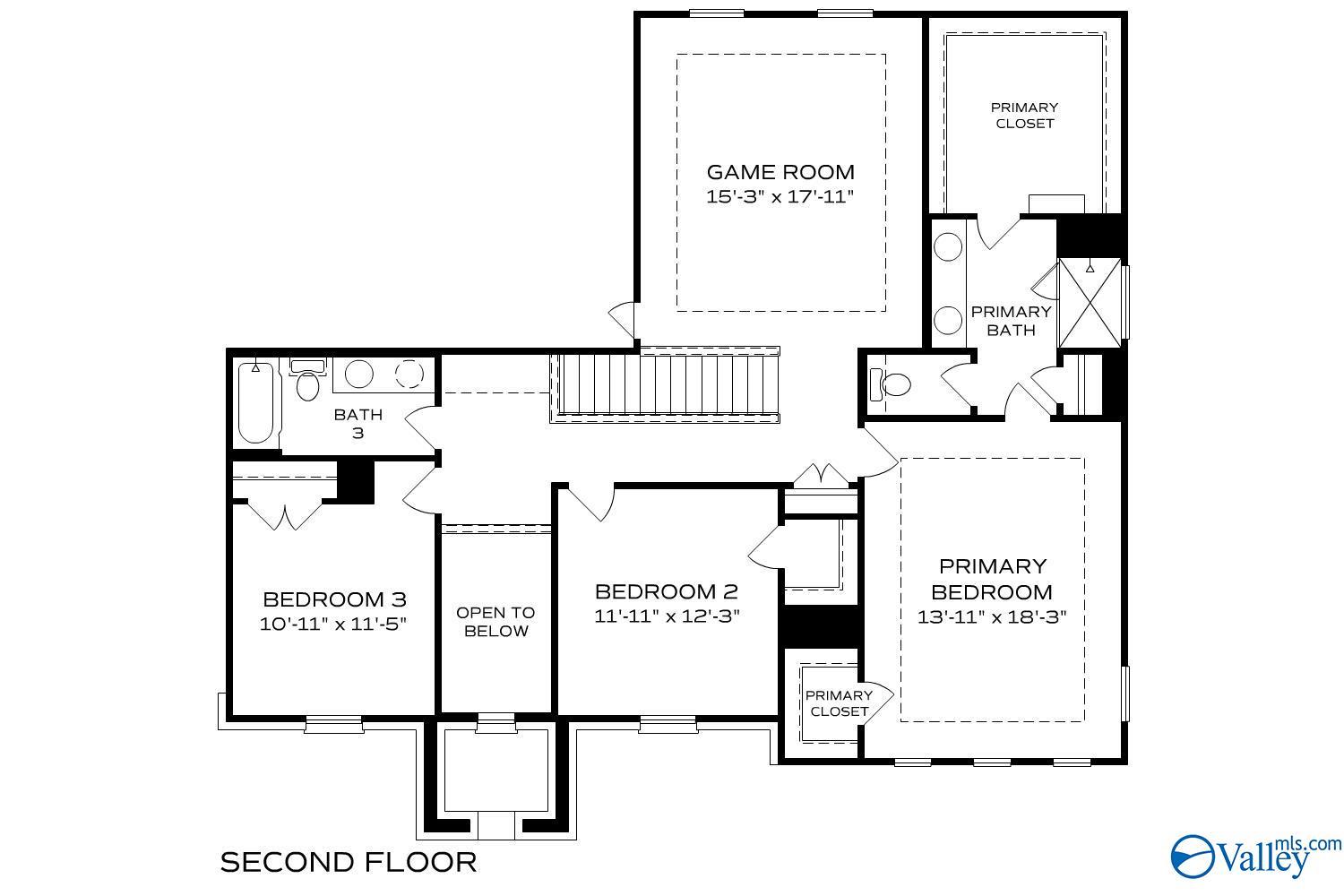 Second floor plan of The Charm home with primary suite, bedrooms 2-3, game room, baths, and closets in Riverton Preserve, Huntsville, Alabama