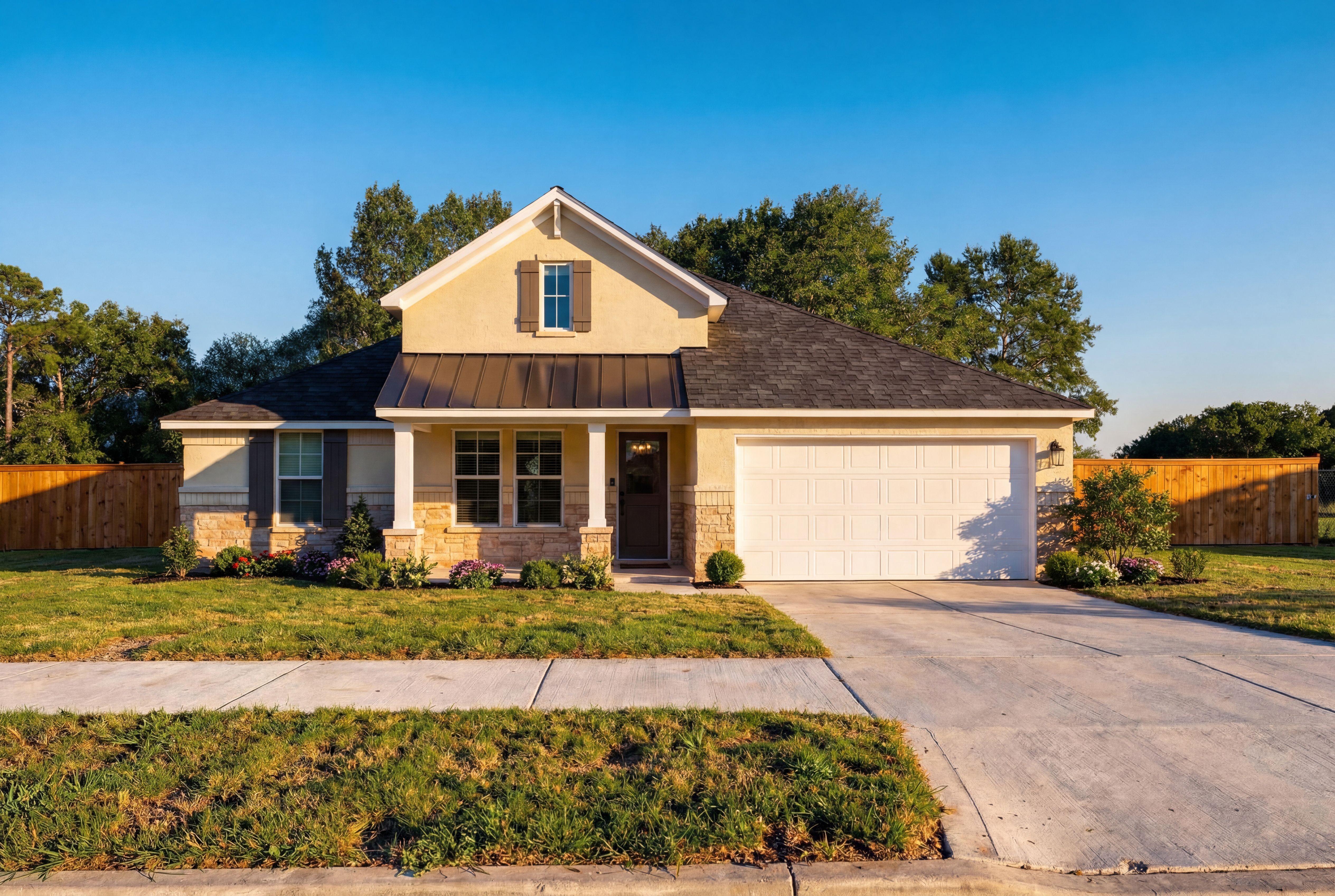 Beige single-story The Edward C home exterior with gabled roof, covered porch, two-car garage, and lush landscaped yard in Rosharon Texas