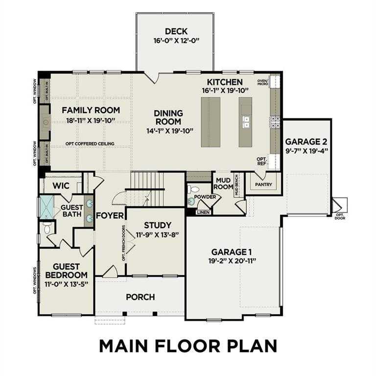 Main floor plan of The Arlington A 5-bedroom home by Davidson Homes in Tanglewood, East Cobb, Georgia with open kitchen, family room, and dual garages